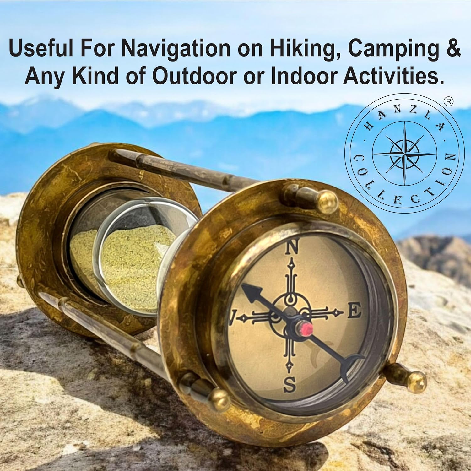 Brass Compass Hourglass with Jute Case Nautical Maritime Sand Timer Vintage Hour Glass Metal Sand Watch Sand Clock Decorative Sandglass for Gift & Home Office Desk Decor