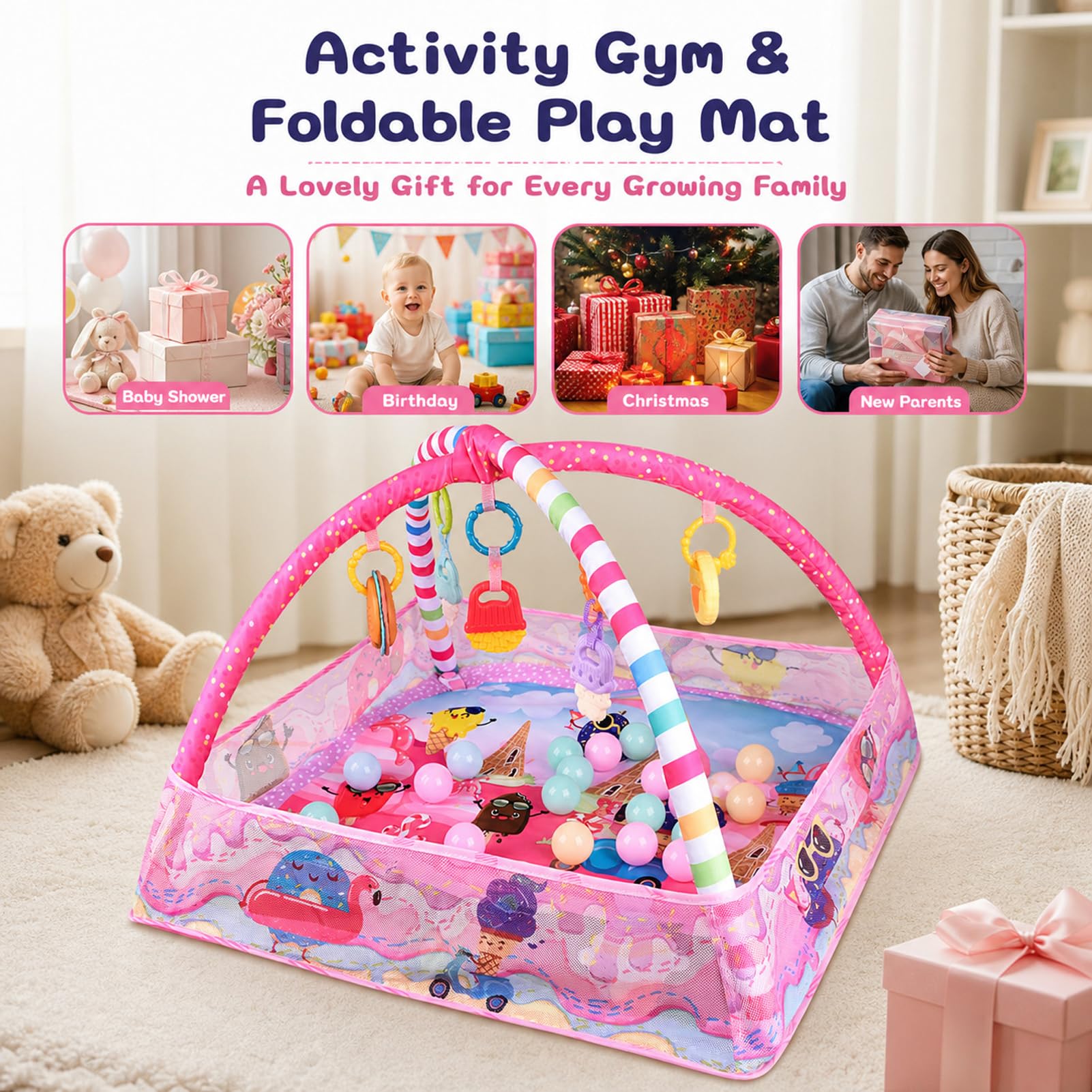 Bebamour Baby Spielmatten Bodenturngeräte von Geburt an, 18 Bälle, 5PCS Hängespielzeug, weiche Baby Play Activity Gym Spielmatten Bodenturngeräte für 0-24Monate(Pink)