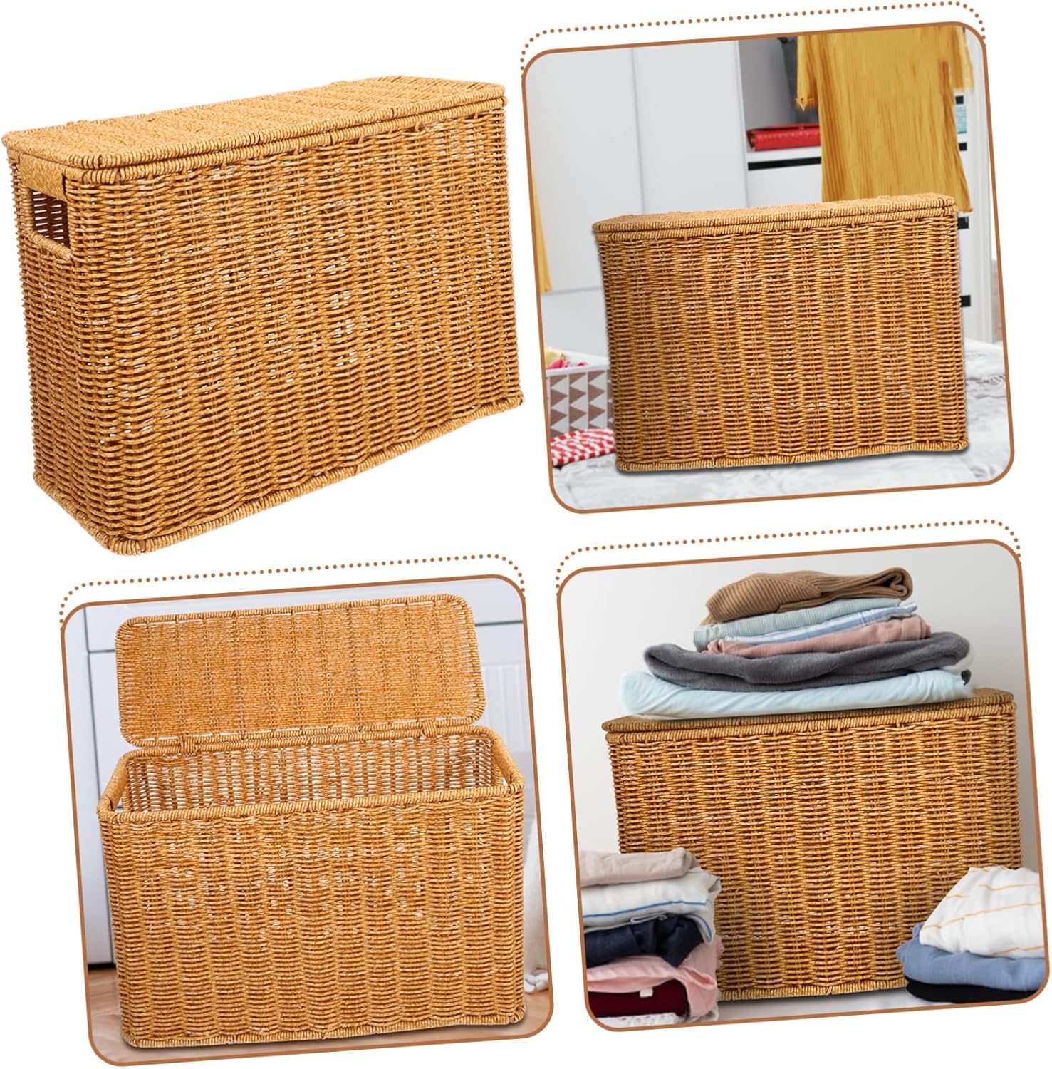 Woven Sundries Organizer with Lid and Handles Multi Purpose Storage Basket for Magazines and Items for Home and Clutter Control