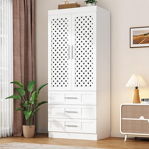 Armoire Wardrobe Closet with 2 Woven Doors 75.6" Large Armoire Wardrobe Cabinet with Storage Drawers and Hanging Rail, Freestanding Closets for Bedroom