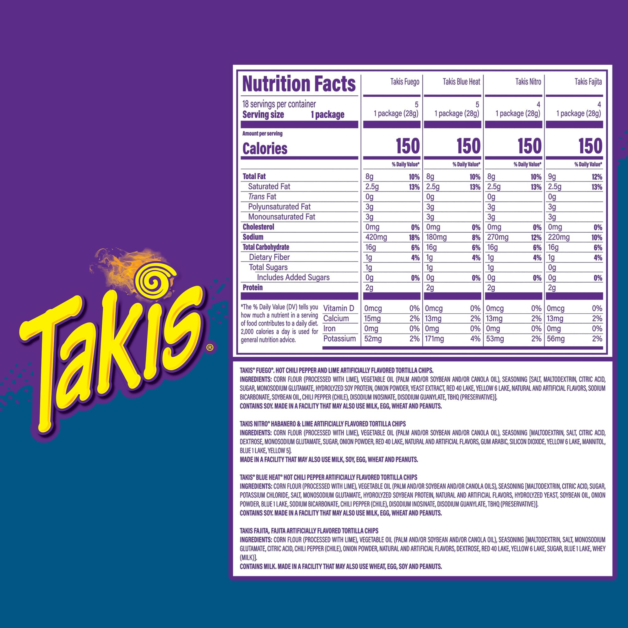 Takis Paquete variado de 18 unidades/1 onza, chips de tortilla enrollados mixtos de sabores surtidos, (5) Fuego 1 onza, (5) Blue Heat 28.3 g, (4) Nitro 28.3 g, (4) fajitas crujientes de 28.3 g