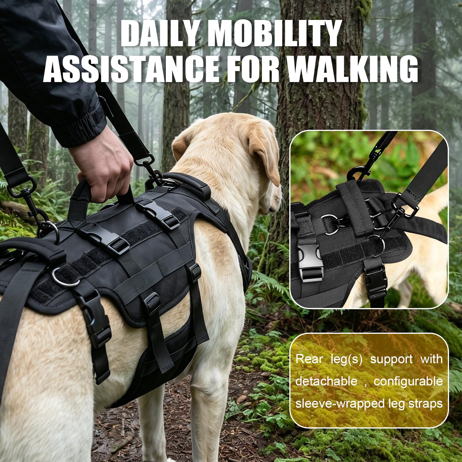 Arnés para Perros, Ajustable con 3 Asas, Ayuda para pasear a Perros, arnés para adiestramiento, Paseos y Actividades al Aire Libre, Negro, Talla M