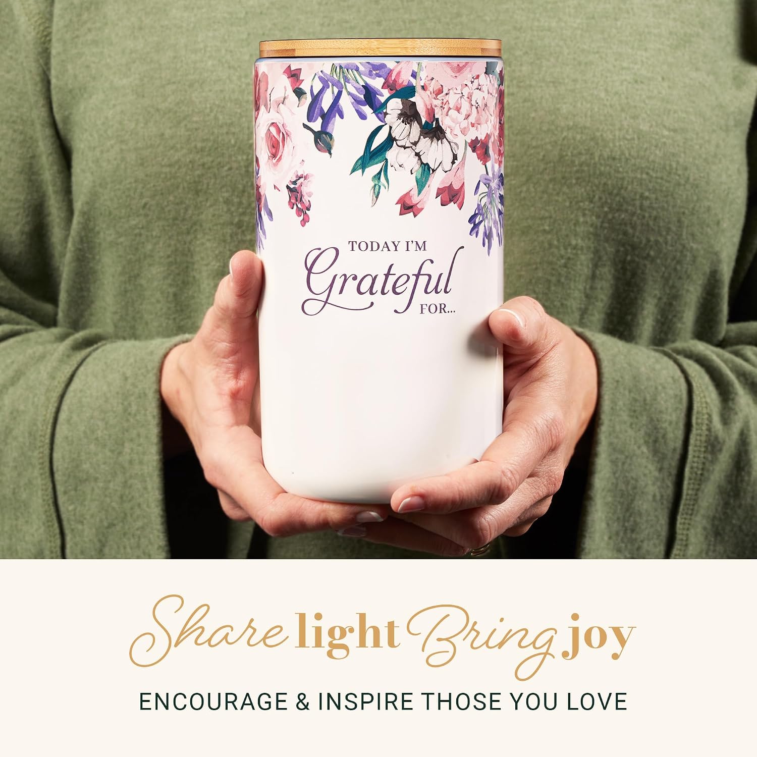 Christian Art Gifts Keepsake Count Your Blessings Ceramic Gratitude Jar Set w/Bamboo Lid: Today I'm Grateful For - 365 Bible Verse Note Cards for Thankfulness, Multicolor Flowers, Purple/Pink Floral