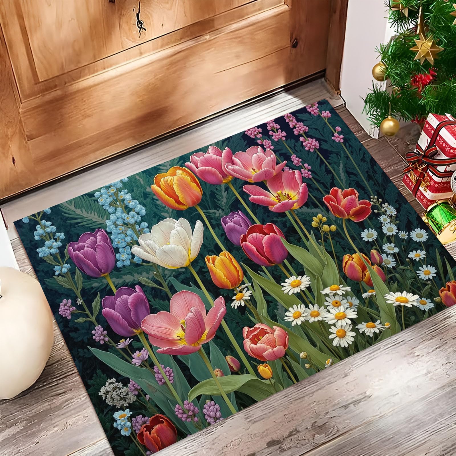 Paillasson antidérapant et lavable motif fleurs pour entrée et cuisine