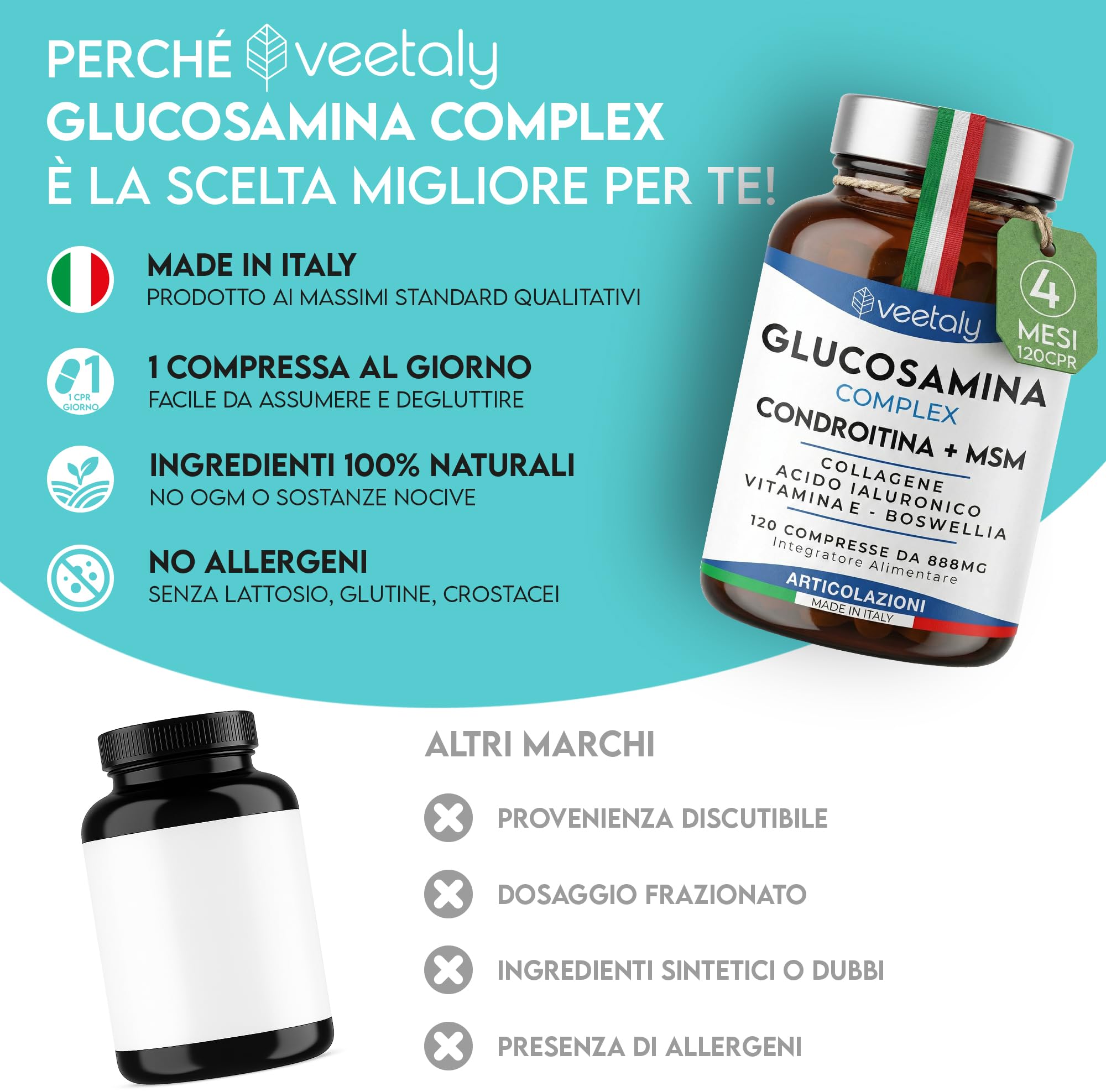 Glucosamina Condroitina MSM 888mg - Integratore Articolazioni e Cartilagine Ginocchio con Collagene, Acido Ialuronico, Vitamina E, Boswellia - 4 Mesi, 120 Compresse da 888 mg