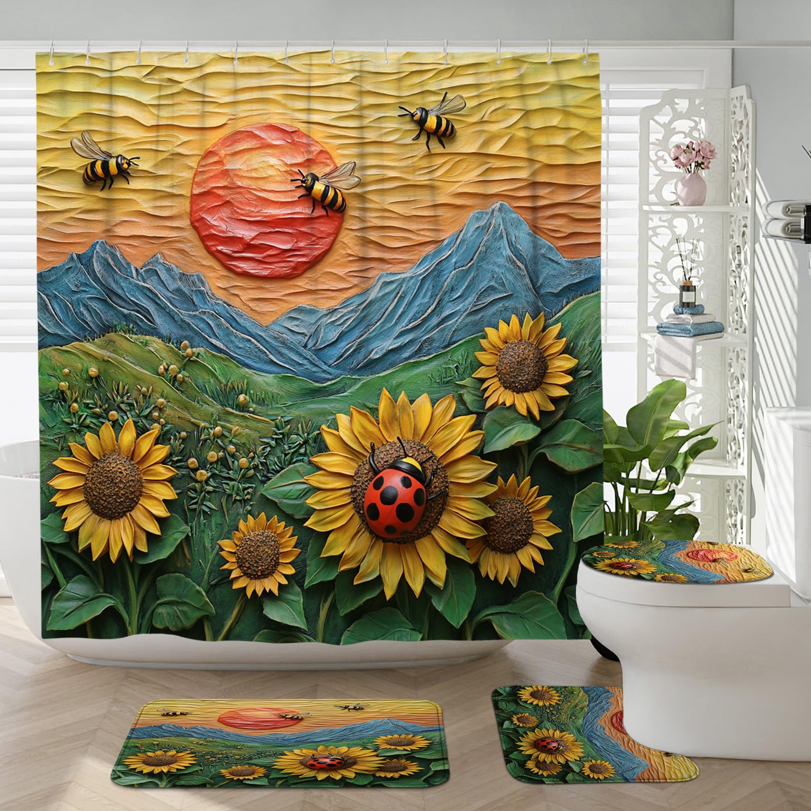 4PCS Vintage Relief Ladybug Bathroom Accessory Sets with Non-Slip Rug, U Shape and Toilet Lid Cover Mat, 3D Farmhouse Insect Bathroom Fabric Decor-72''x72''
