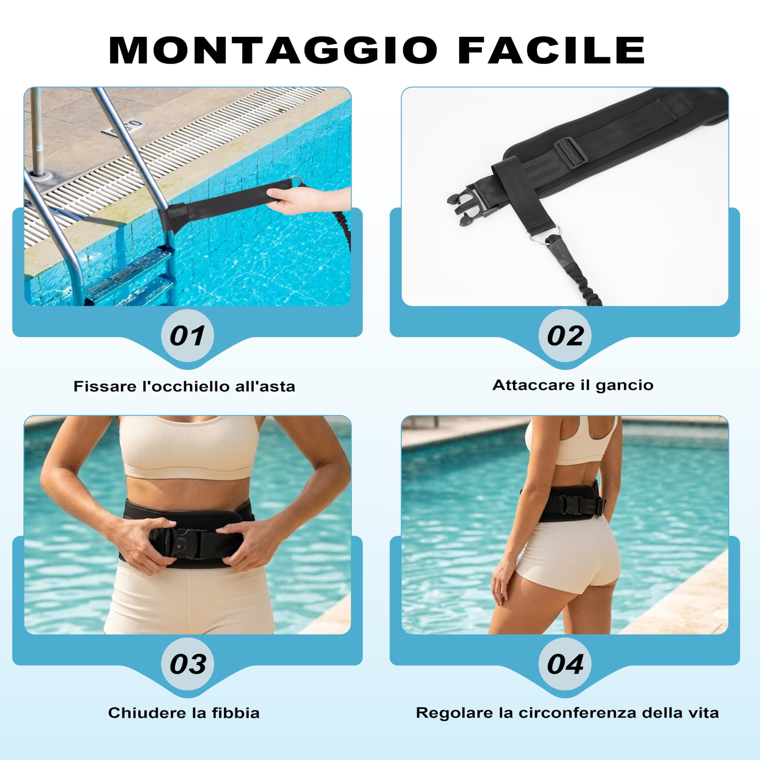 BOOSTEADY Cintura da Nuoto Regolabile Largo e Spesso, Accessori per Piscina, Cinturone per Nuoto Statico 4M per Adulti e Adolescenti, Fascia Elastica per Nuoto in Piscina