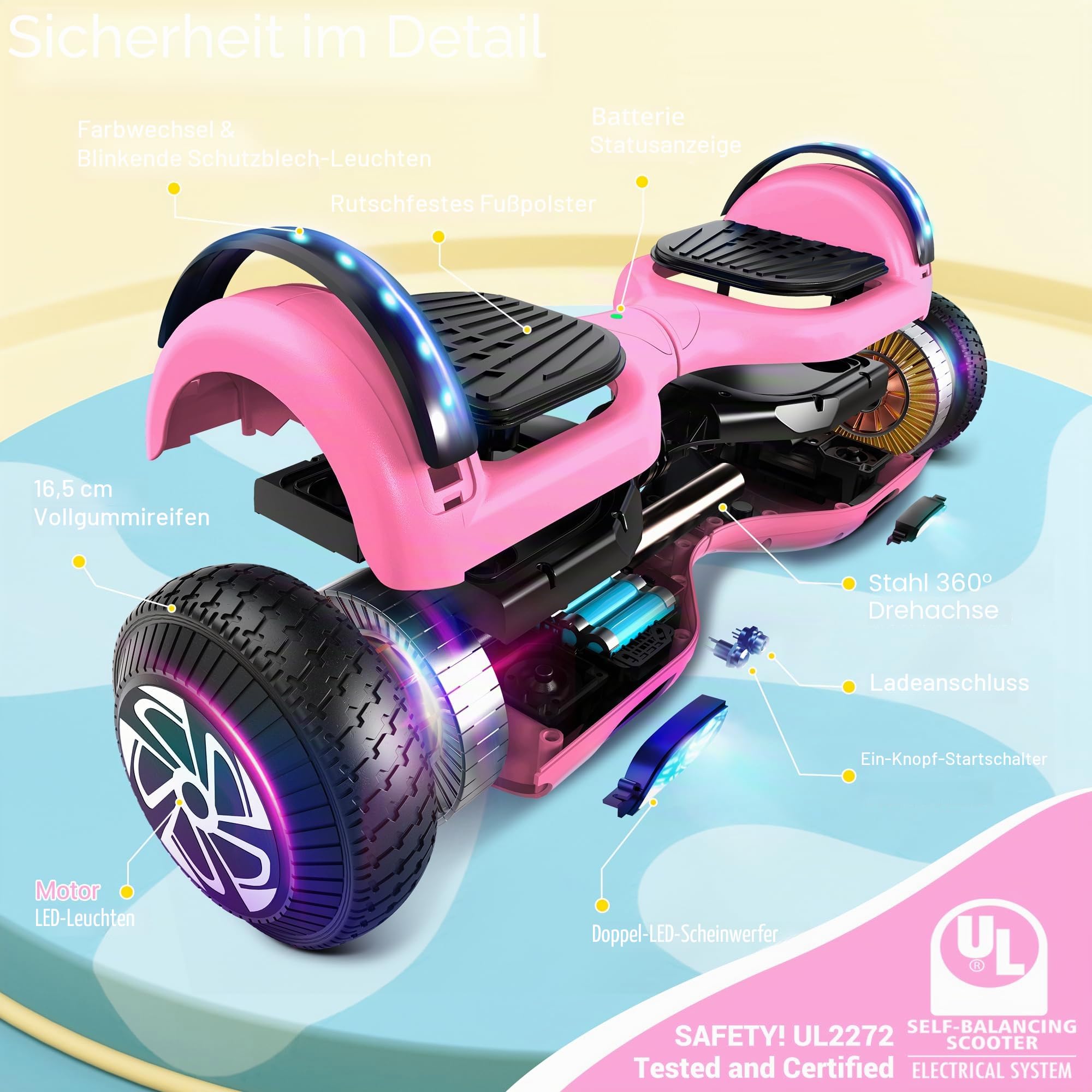 SISIGAD Hoverboard, Auto-équilibré Gyropode électrique 6.5 Pouce Hoverboard Hover Scooter Board avec Musique Bluetooth, lumières LED pour Enfants et Adolescents