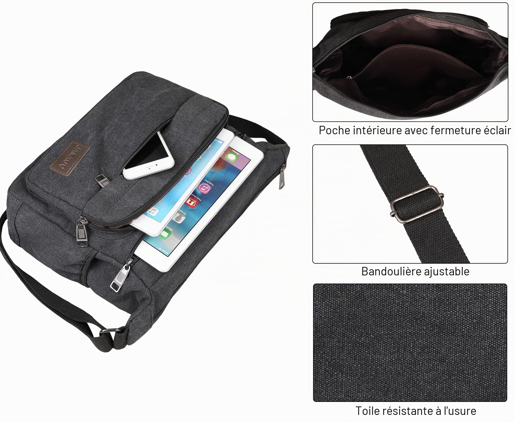 JAKAGO Sac à Bandoulière Homme Imperméable Multi-Poches,Sac de Voyage Décontracté en Toile pour Travail,l'école,Pêche,Camping,Randonnée
