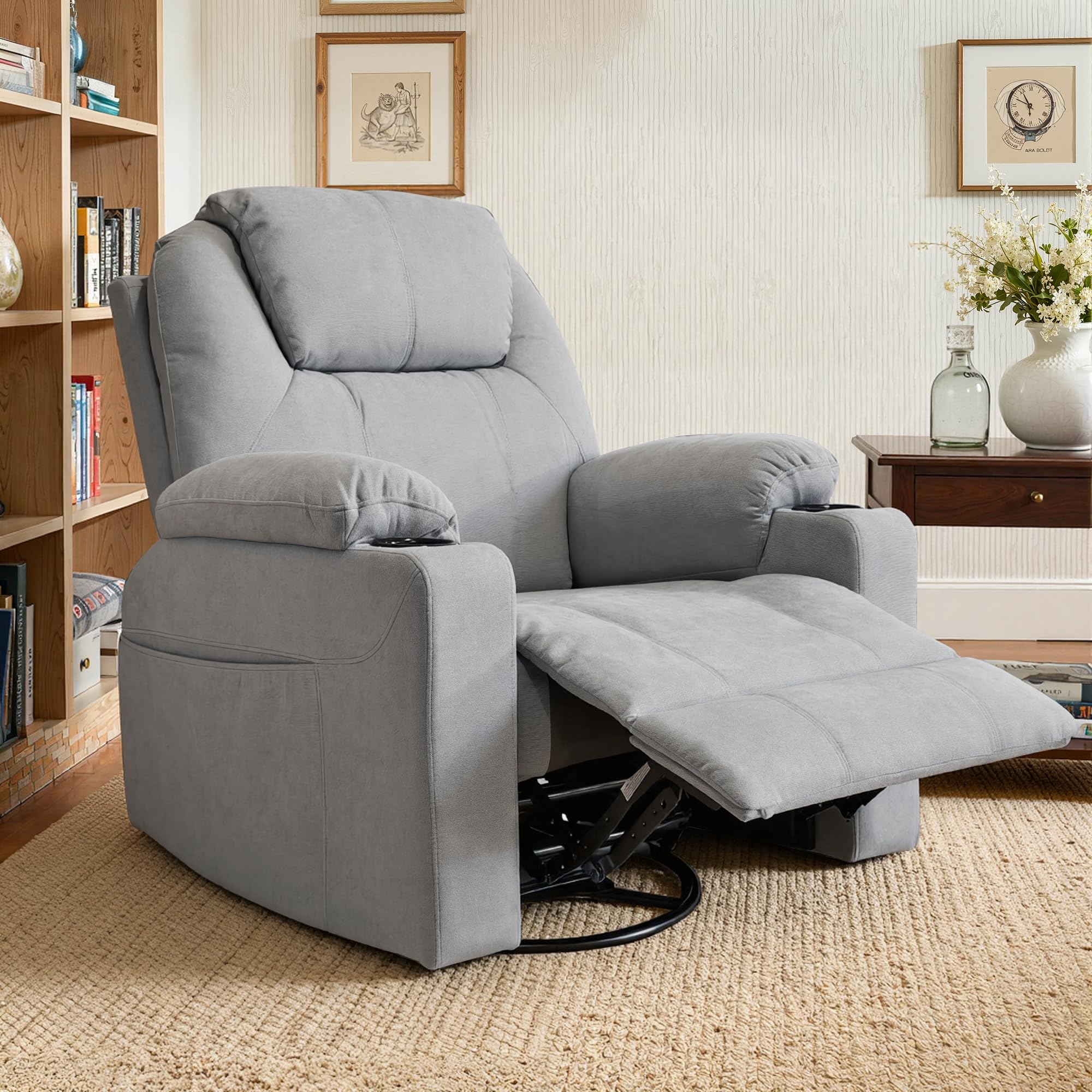 BonVache Recliner Armchair For the Elderly,Lounge Sofa 360° Rotating Metal Base,Single Sofa Chair with Leg Rest,2 Cup Holder and Pockets,for Living Room Bedroom Home Theater Cafe,Light Gray