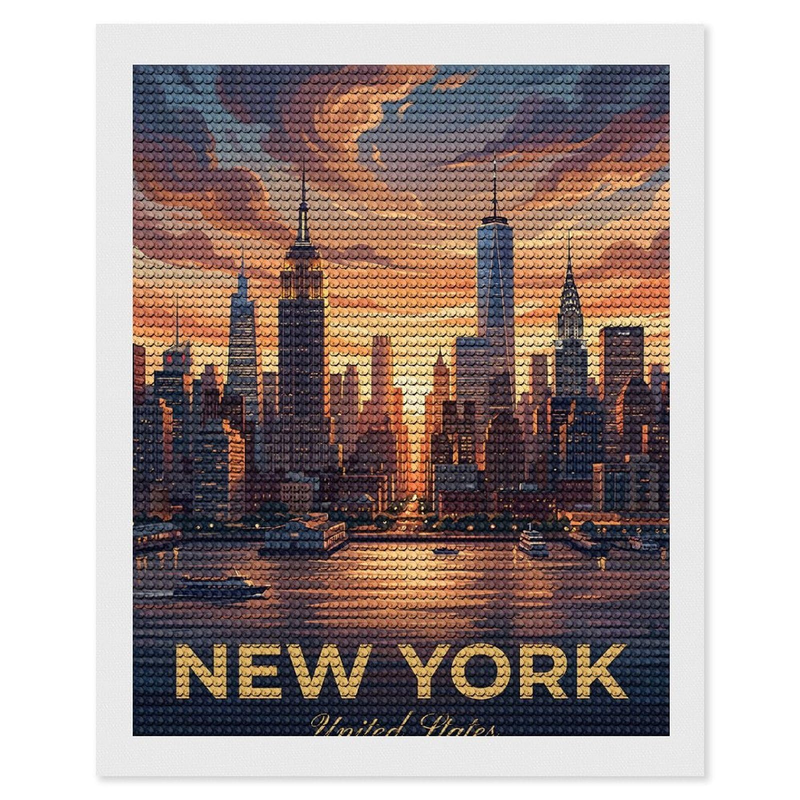 Junmoney New York City Skyline at Sunset(2) Diamond Painting Set 16"x20", Neat Printed Canvas, with Tool Kit, Bedroom Decor, Gift Idea, Complete Accessories
