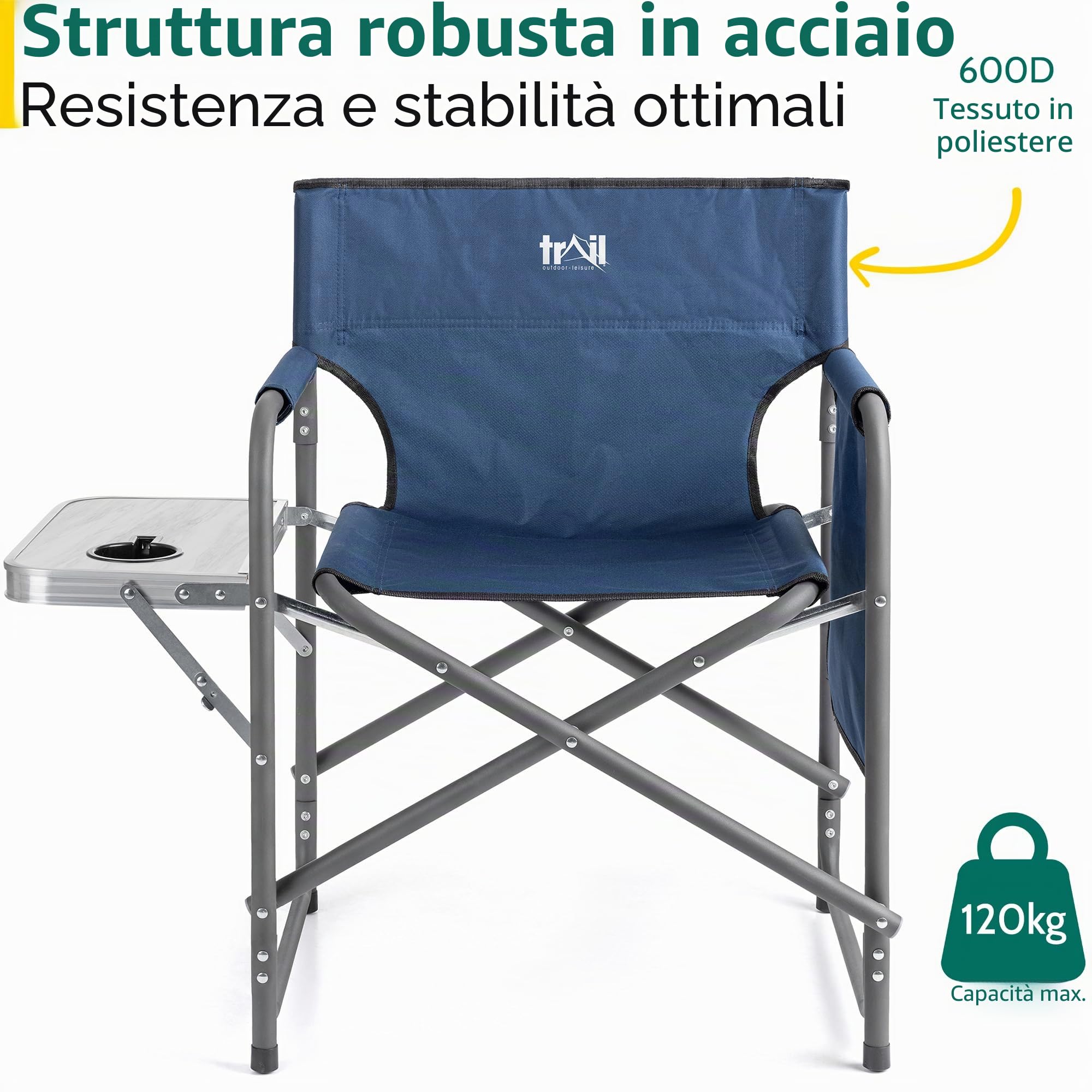 Trail Sedia da Regista Pieghevole con Tavolino, Portabicchieri, Tasca Portaoggetti, Sedia da Campeggio e Giardino con Braccioli Imbottiti, Struttura in Acciaio Resistente (Carico Max 120 kg)