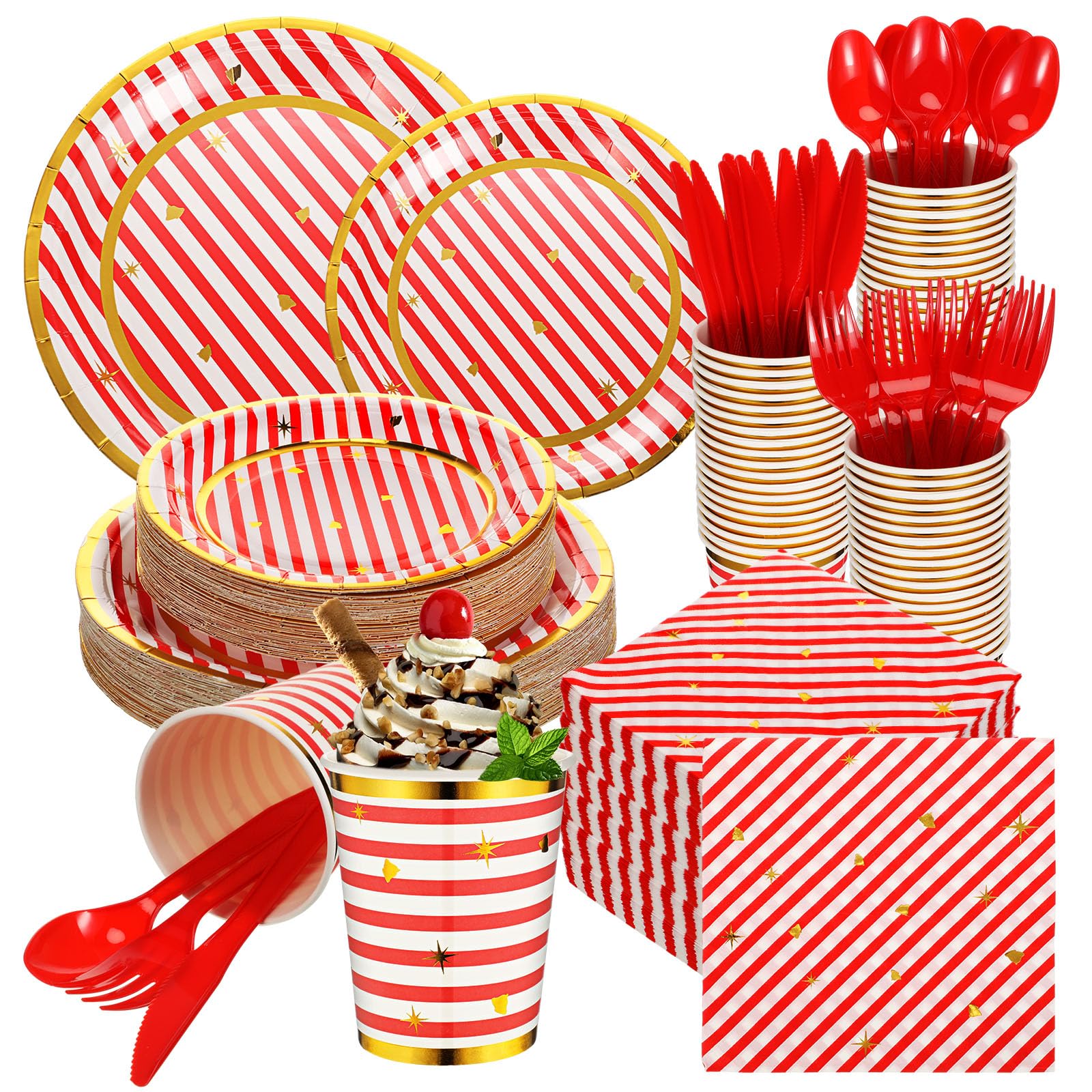 Maxcheck 350 Pcs Christmas Candy Cane Striped Party Plates Cups Napkins and Silverware Set for 50 Guests Disposable Paper Tableware Set Christmas