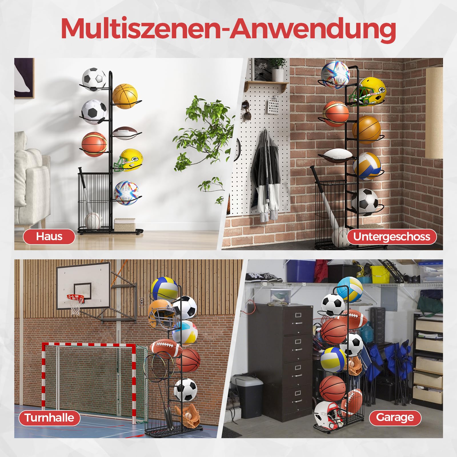 COSTWAY 7-stufiger Ballständer, Basketballhalter aus Metall mit abnehmbaren Hängestangen & Augbewahrungskorb, Sportgeräte-Organizer Ausstellungsständer für Garage, Zuhause