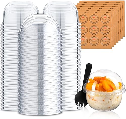 Paquete de 50 tazas de postre con tapas de cúpula, vasos de plástico desechables con tapas, tazas de helado de PET transparentes (sin agujero),