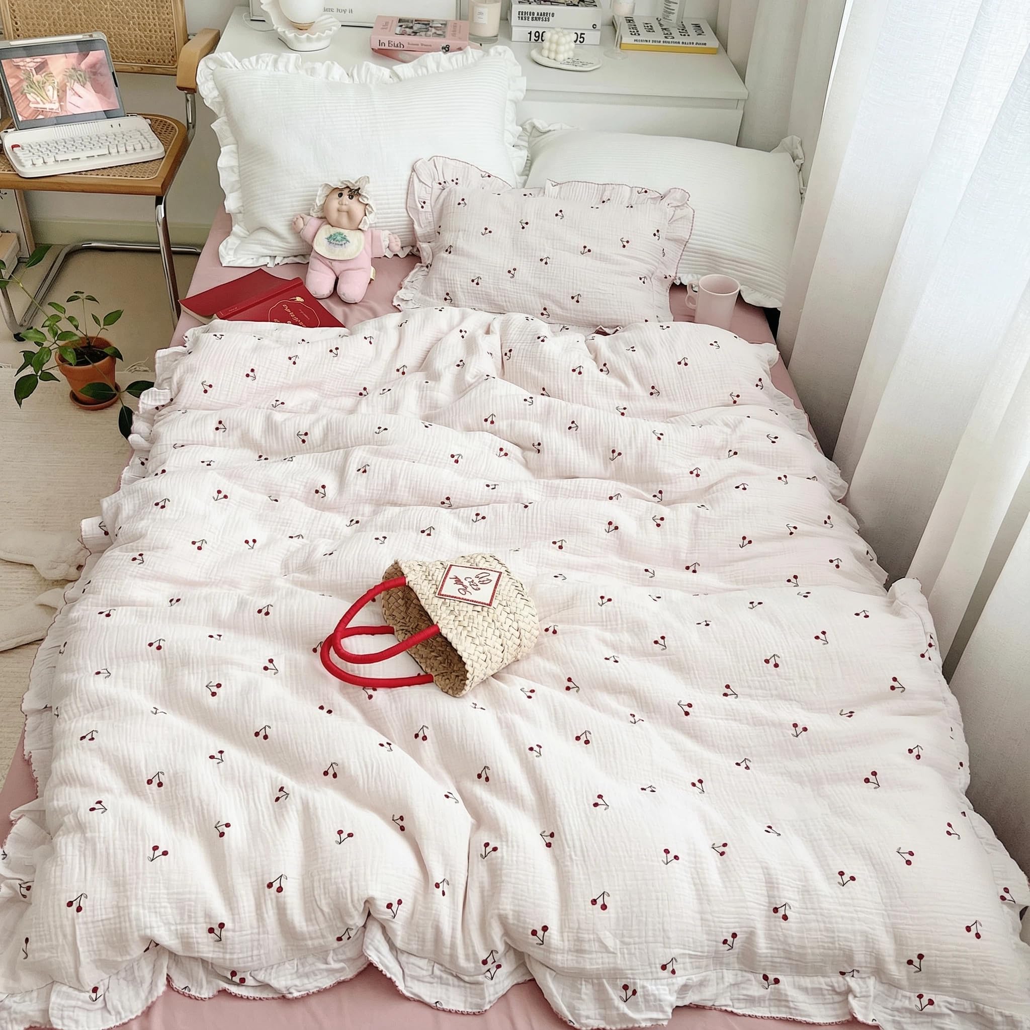 BuLuTu Muslin Cotton Duvet Cover with Ruffles, Cherry Print, No Pillow