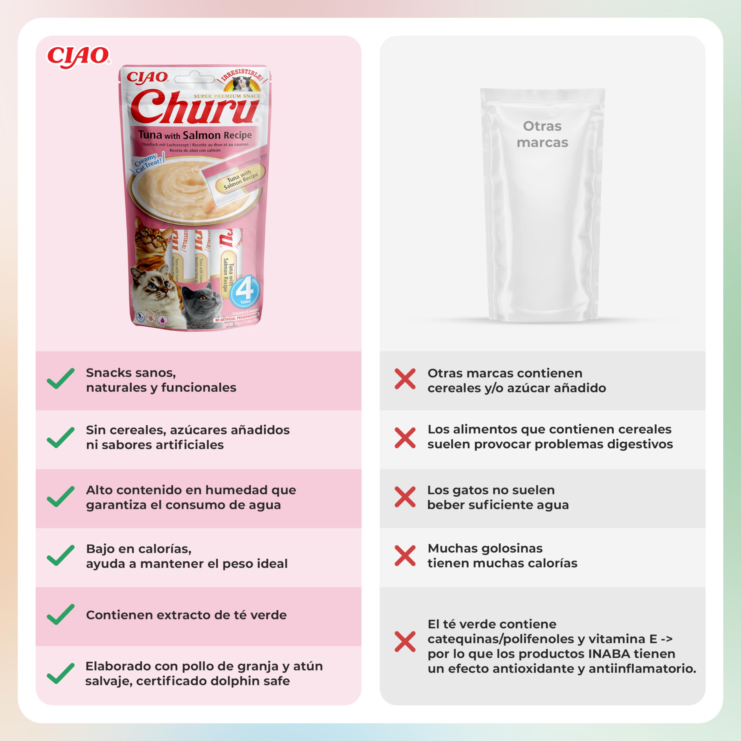 INABA Churu Gatos - Snacks Saludables - Receta de Atún con Salmón - Premios con Textura Cremosa - Sin Cereales, Sin Conservantes, Sin Colorantes - Sólo 6 Cal - 56g (4 Tubos x 14g)