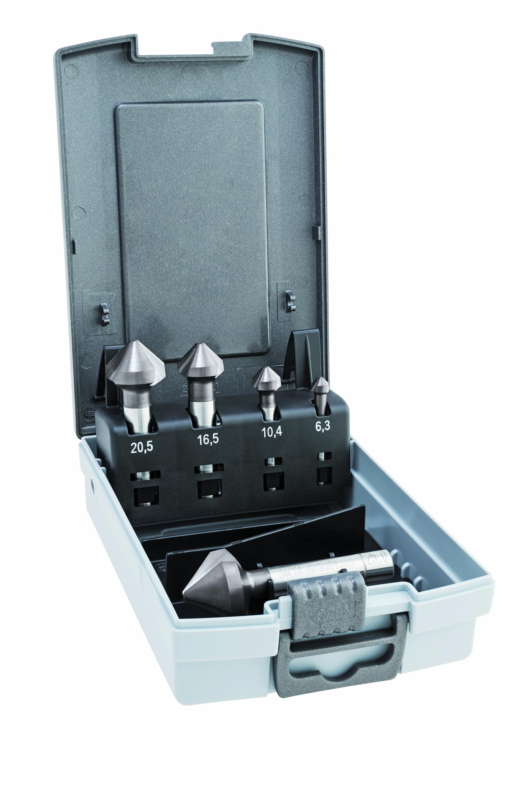 ALPEN 02390000005100 - Juego de avellanadores cónicos HSS Cobalt KP 5 (5 piezas, ángulo de inclinación de 90°, diámetro 6,30 – 25,00 mm, para todos los metales E y no ferrosos, así como plásticos