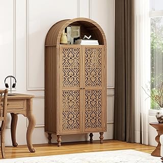 Arched Kitchen Pantry Cabinet,71" Tall Mid-Century Modern Arched Bookcase Vintage Storage Cabinet with Geometric Door and Adjustable Shelves,Bohemian Cupboard for Living Room,Dining Room