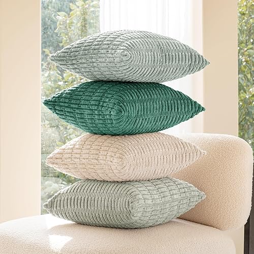 Miniatura 4 de Softalker Juego de 4 fundas de almohada de pana suave a rayas bohemias de 16 x 16 pulgadas, fundas decorativas modernas para sofá, dormitorio, sala