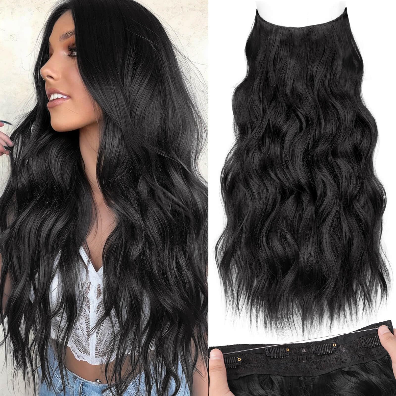 KooKaStyle Invisible Wire Hair Extensions with Transparent Headband Adjustable Size 4 Secure Clips Black Long Wavy Hairpiece 20 Inch for Women