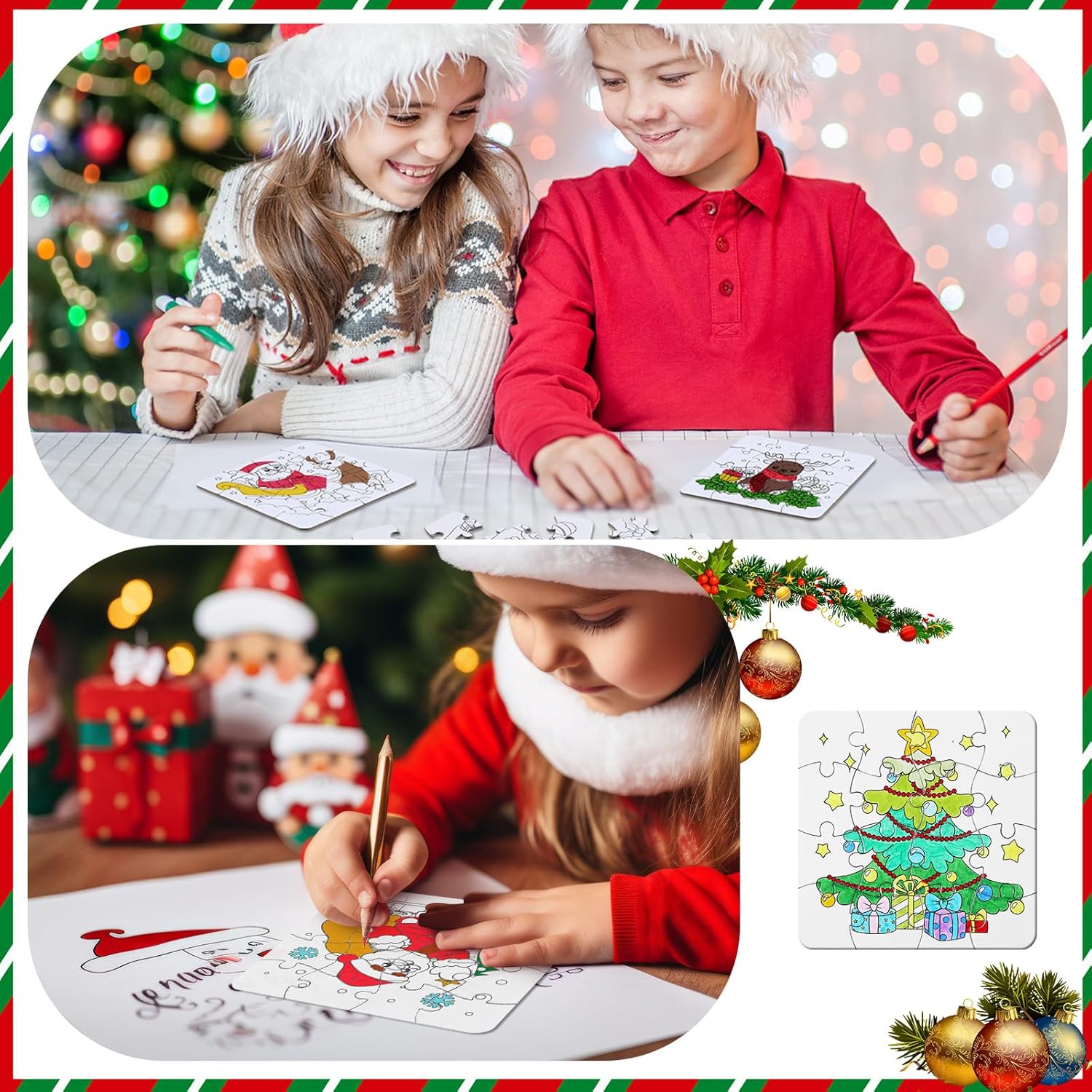 Realspring 24 Pack Color Your Own Jigsaw Puzzles for Kids Coloring Puzzles DIY Paper Jigsaw Bulk Party Favors Gifts Exchange Classroom Activities Home Educational Game Toy(Winter)