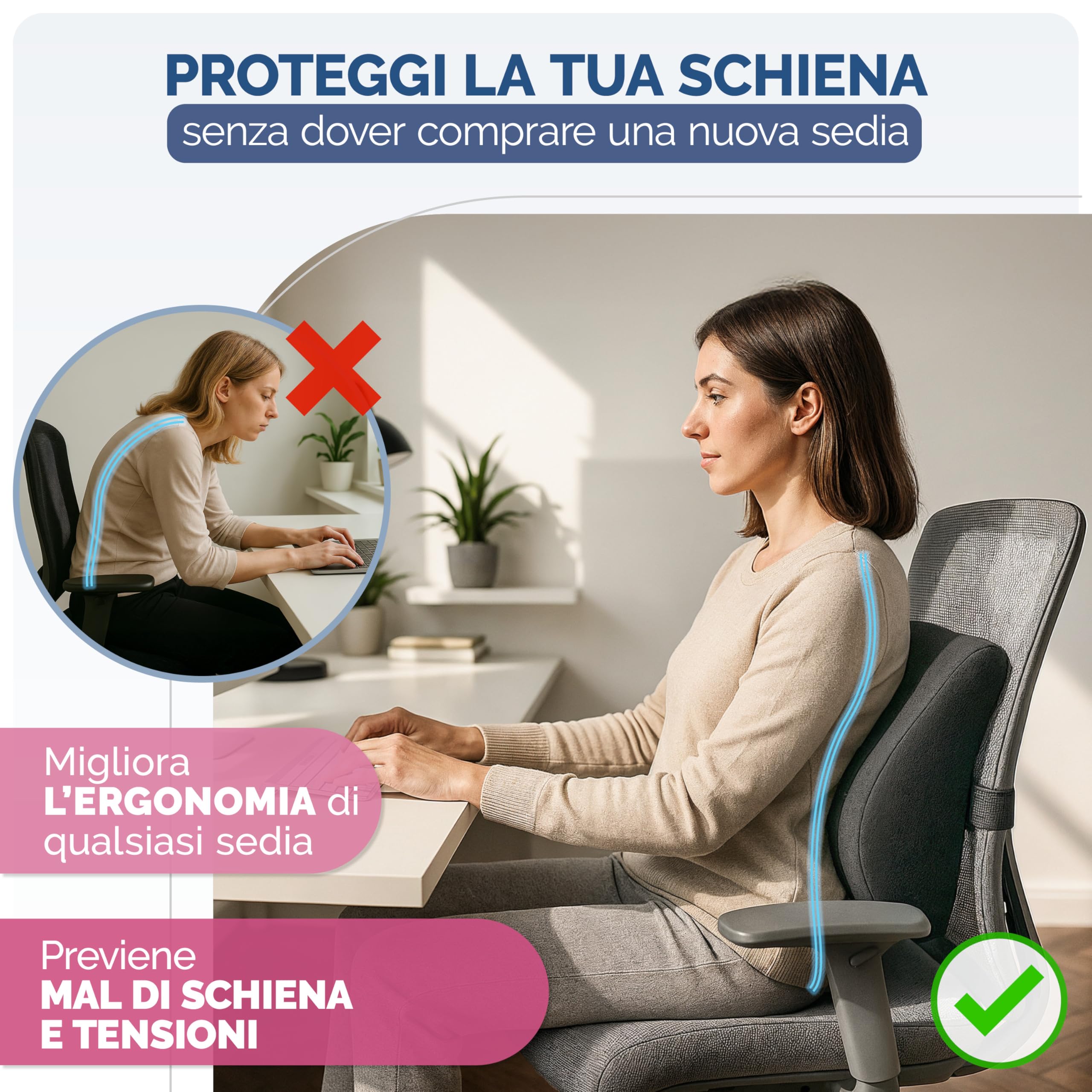 Blumtal cuscino lombare sedia ufficio in memory foam - cuscino sedia ufficio schiena con rivestimento certificato OEKO-TEX - cuscino per sedia ufficio con chiusura - supporto lombare sedia ufficio