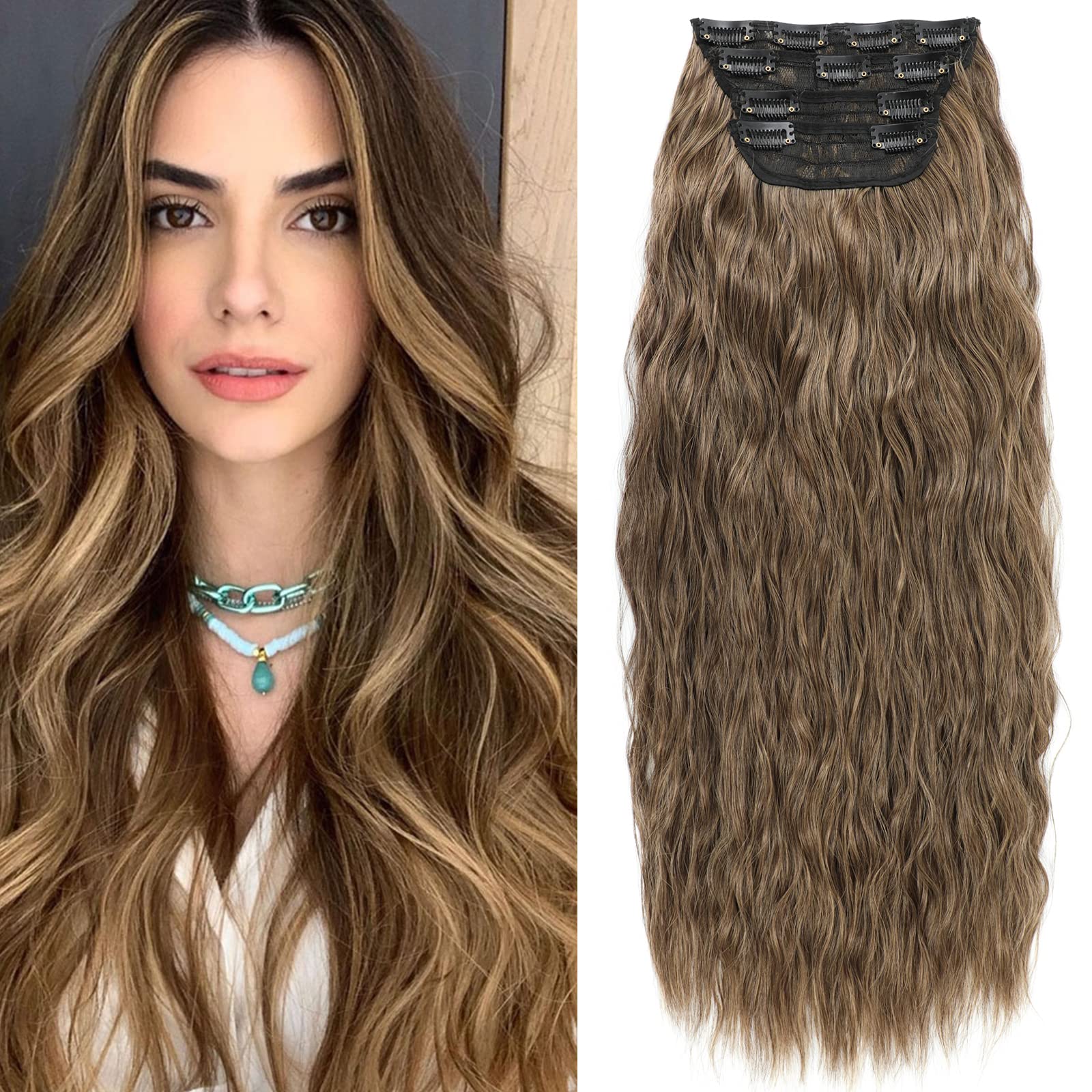 Pelidon Clip in Long Wave Synthetic Hair Extensions 24 Inch 4Pcs Thick