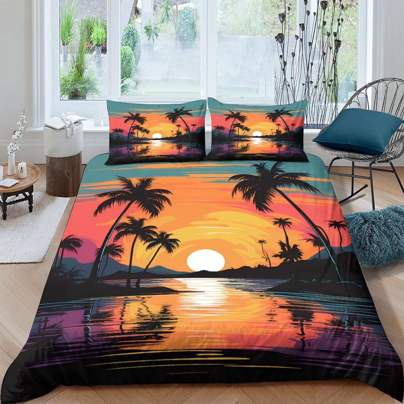 Ctjqhvkz Style-7 3D Printed Sunset Beach Fitted Sheet Microfiber Soft Palm Tree Bed Cover Decor For Bedroom Guest Room Single（135X200cm）