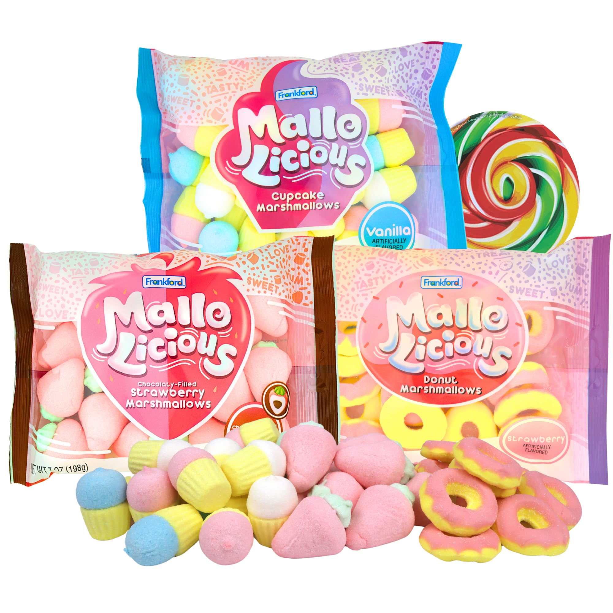 Sweetzo - Shaped Marshmallows, Donut, Cupcake, and Chocolate Filled Strawberry, Great for Snacking, Hot Cocoa, Decorating, and Baking, 7 Ounces Each (Pack of 3)