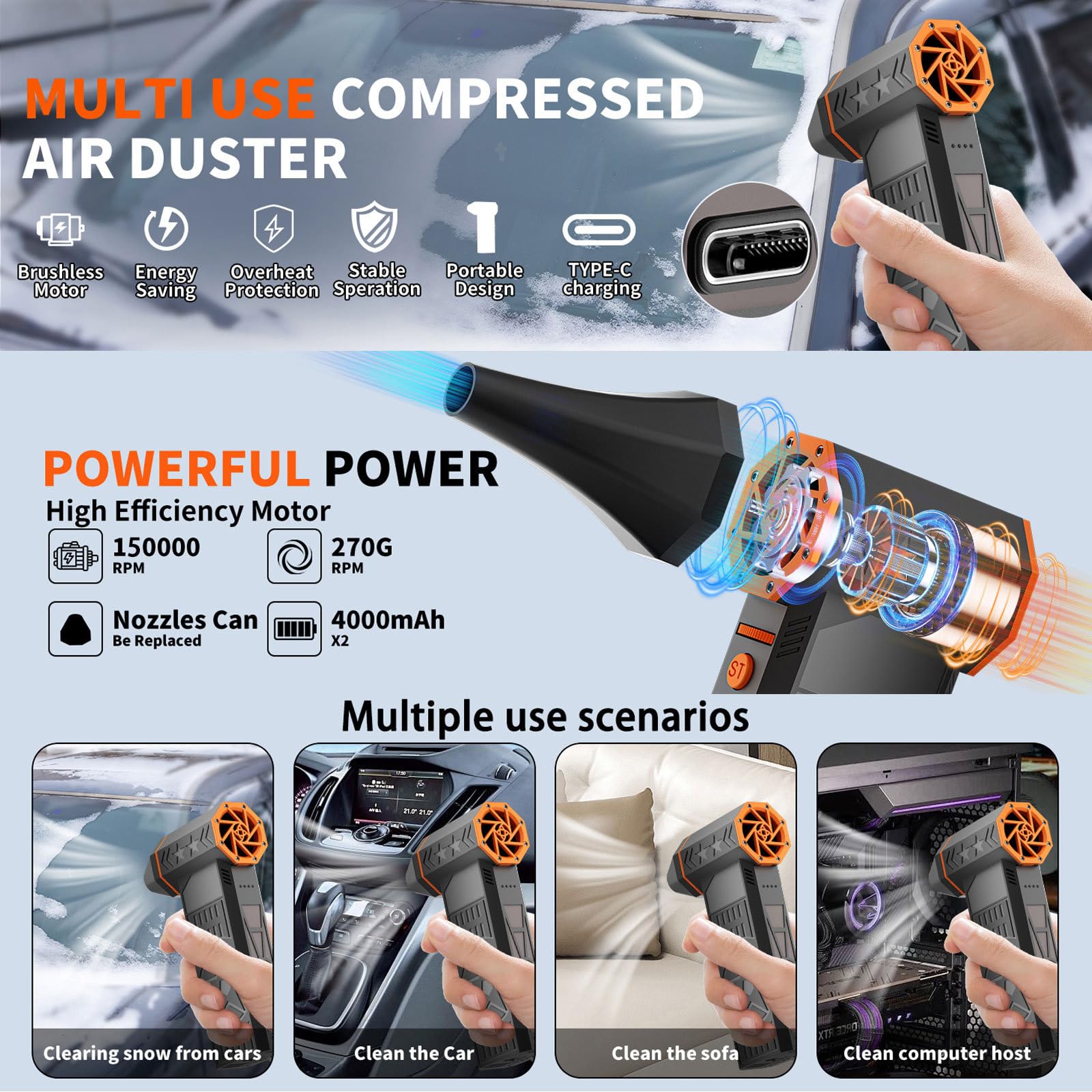 2026 Upgrade 5000W Snow Blower, Frostblazer Tragbare Schnee-/Staubentferner für Autos, Windschutzscheiben Enteiser und Schneeräumer mit effizienter Turbine, Elektrischer Schneefräse für Autos und LKWs