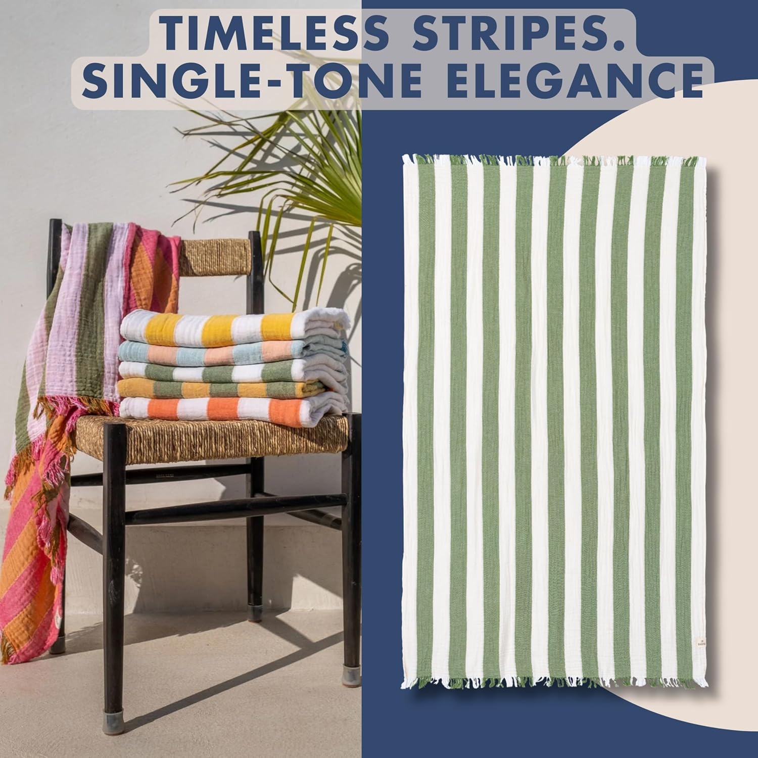 Cabana Striped Gauze Turkish Beach Towel - Large 36 x 69 | Quick Dry Beach Towel Blends Retro Style with Everyday Beach Comfort | Sand Free Design for a Clean, Carefree Day in the Sun (Green)
