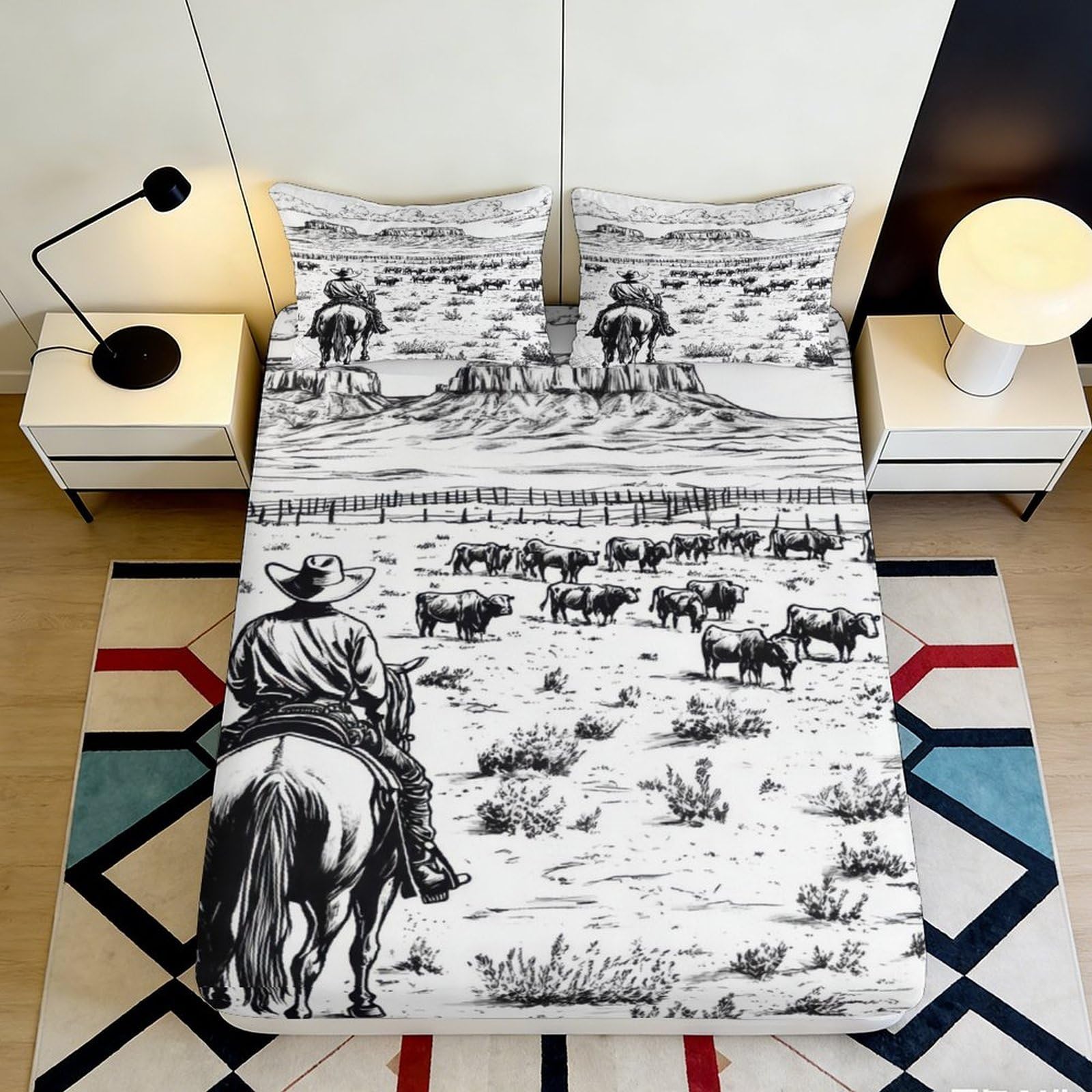 3D Printed Cowboy Western Ranch Fitted Sheet Microfiber Black White Farmhouse Mattress Cover Bedroom Decor 90x200x25cm
