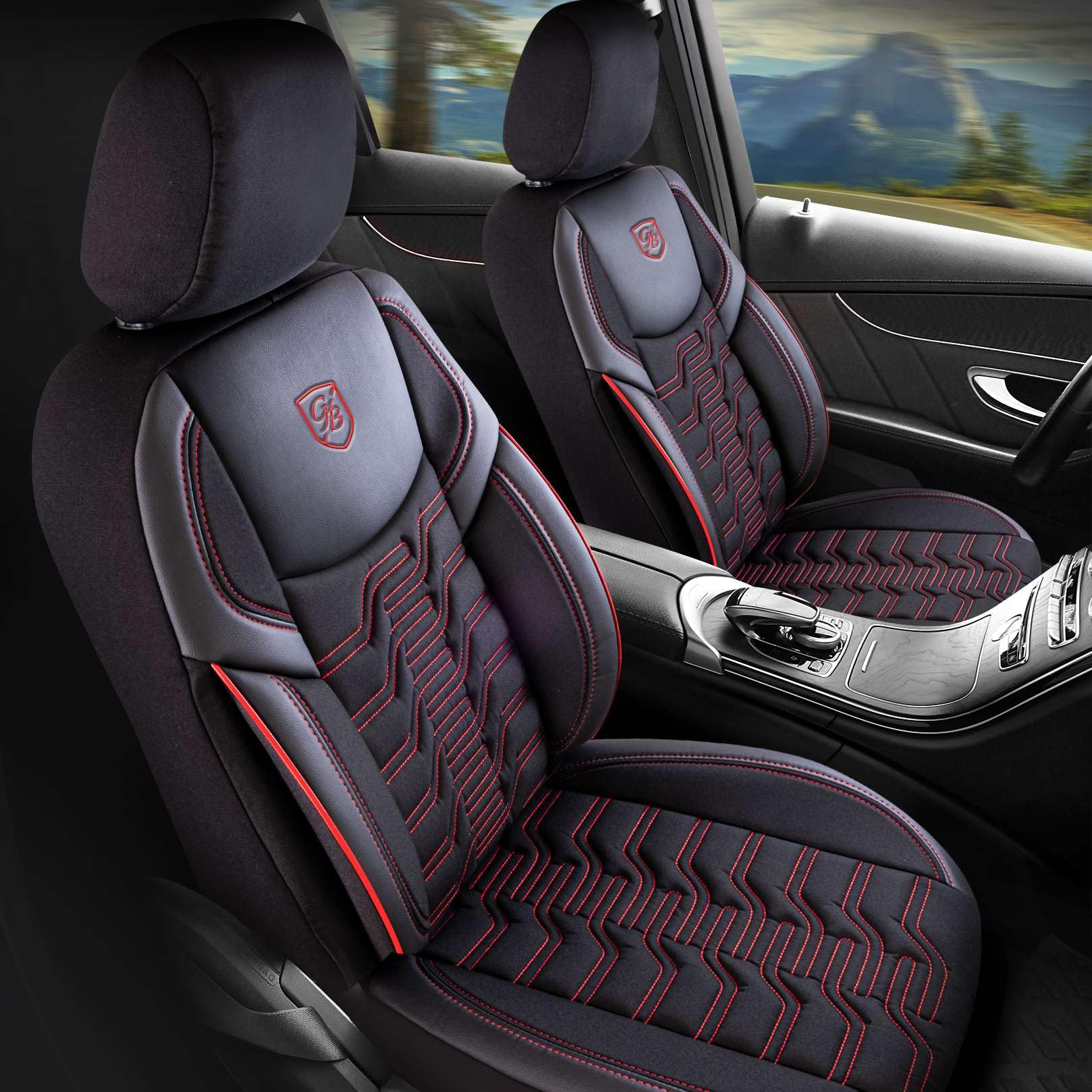 Autositzbezüge Universal – Premium Autozubehör Innenraum für PKW & SUV – Jacquard Sitzauflage, Autoschonbezug Auto, Airbag-kompatibel, Schwarz-Rot, Vordersitz-Set inkl. Montageset