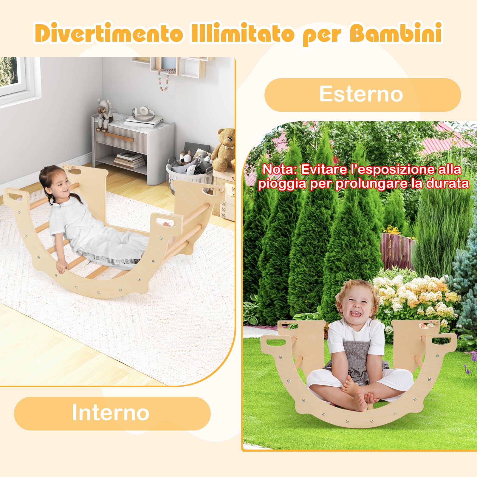 COSTWAY 8 in 1 Arco da Arrampicata per Bambini, Altalena ad Arco in Legno con Contenitore Pieghevole, Palestra Montessori per Bambini 3 Anni + (80 × 47 × 41 cm)