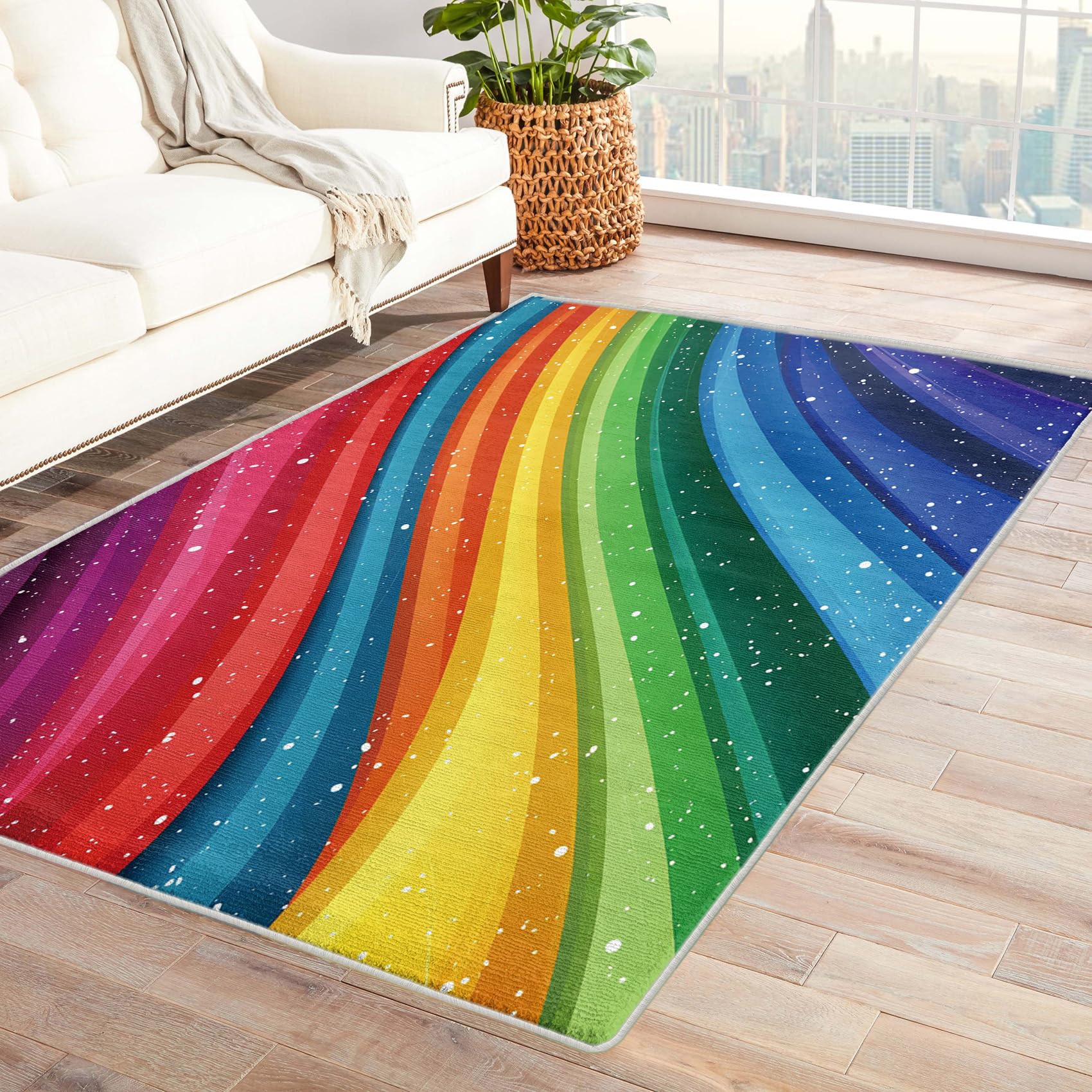 SZLYZM Multicolored Modern Abstract Rainbow Area Rug, 5 x 8 ft, Machine Washable, Non-Slip, Low Pile, Indoor, Living Room, Bedroom, Office, Entryway,
