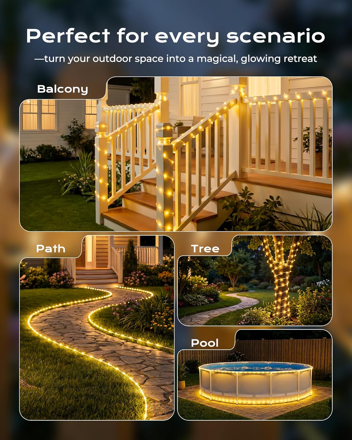 Brightown 2 Pack Solar Rope Lights, Total 78FT 200LED Warm White Solar String Lights Outdoor, IP65 Waterproof Solar Powered Fairy Lights with 8 Lighting Modes for Yard Garden Patio Tree Decoration