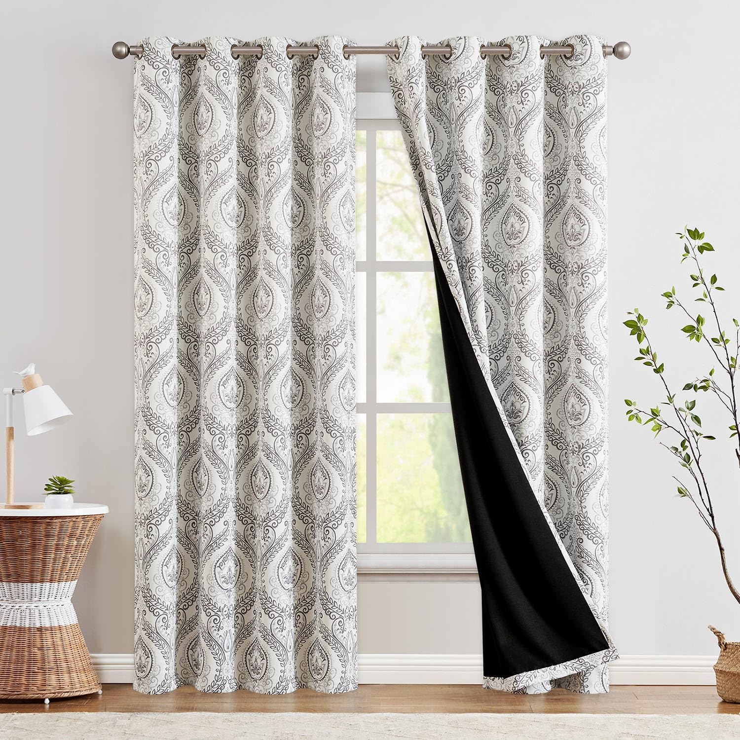 jinchan Blackout Curtains 84 Inches Long Grey Damask Medallion Window Curtains for Bedroom Grommet Thermal Insulated Drapes for Living Room Vintage Luxury Window Treatments Set 2 Panels