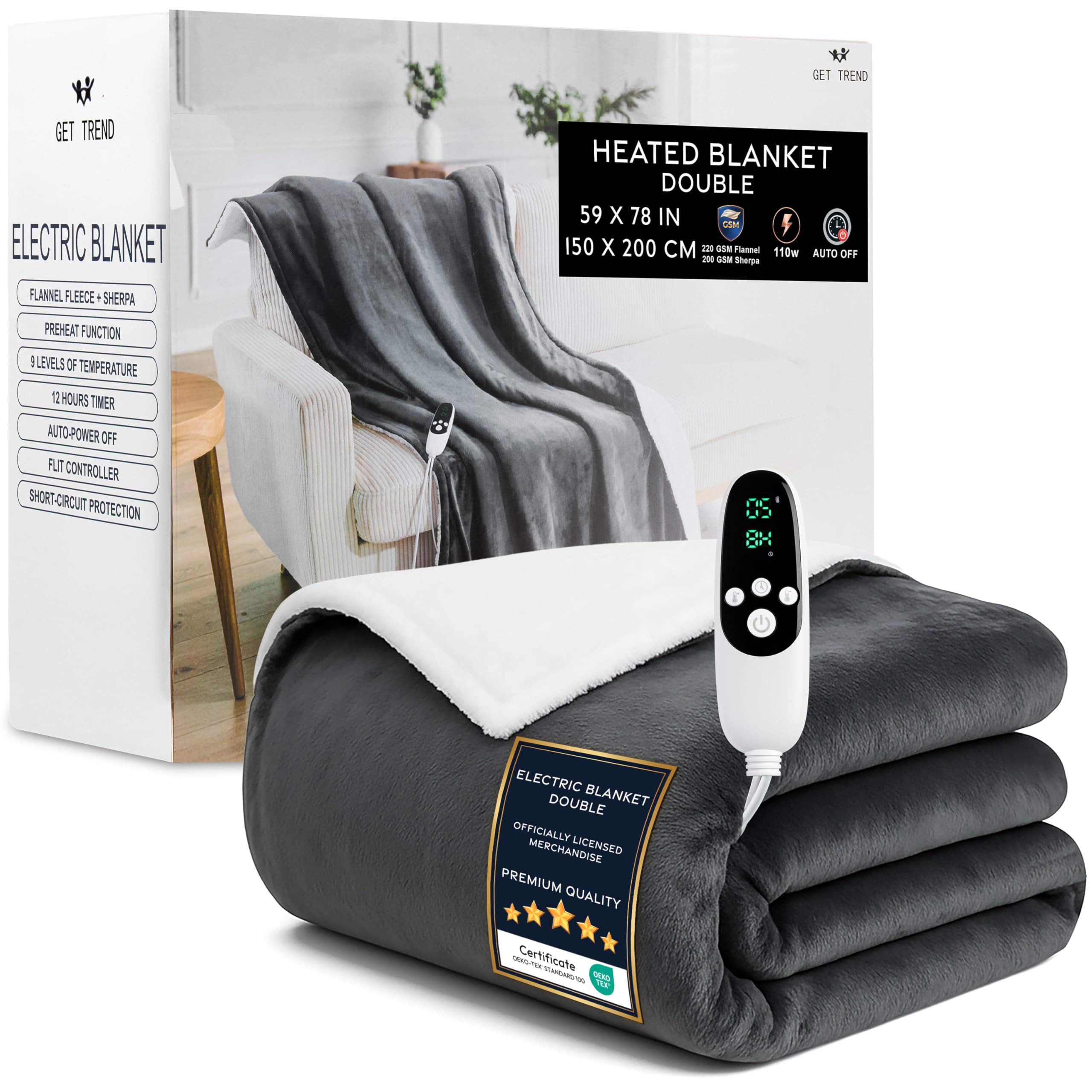 Get Trend Electric Blanket 150x200 cm, Double Size Luxurious Sherpa Fleece Heated Blanket, 9 Heat Settings 12H Auto-Off Timer & Overheat Protection (Dark Grey, Double UK)