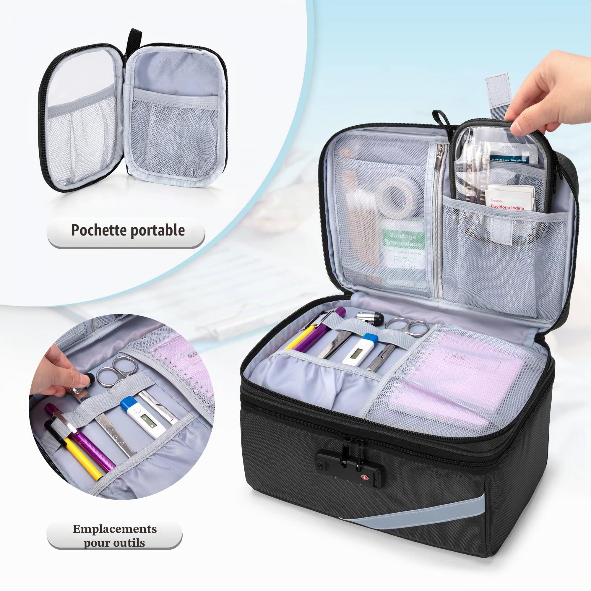 Trunab Petit Sac Médical avec Serrure à Combinaison, Trousse de Secours Verrouillable avec Mini Pochette pour La Maison, Les Voyages, Les Urgences, Gris (Sac Vide), Conception Brevetée