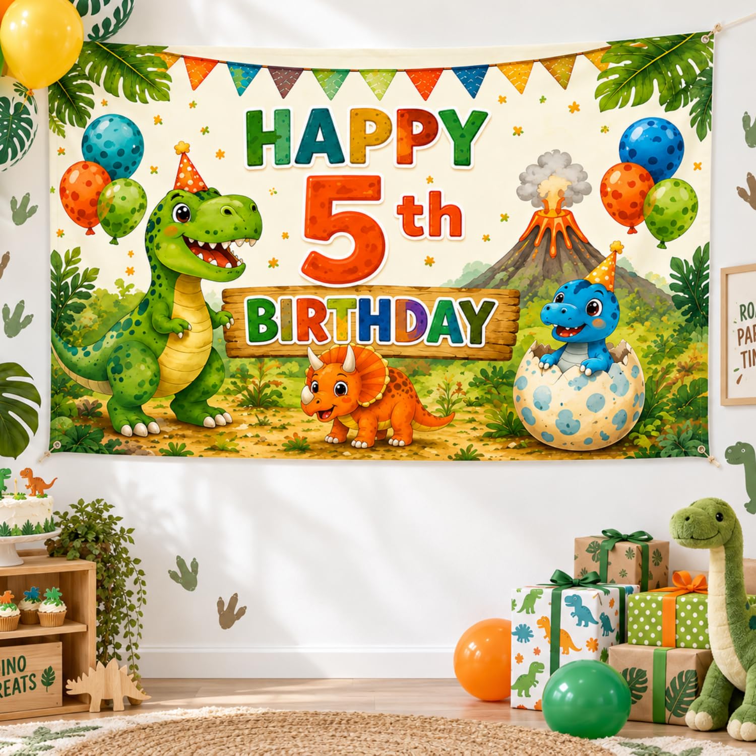 5th Birthday Dinosaur Banner, 180 x 110 cm Party Backdrop for Kids
