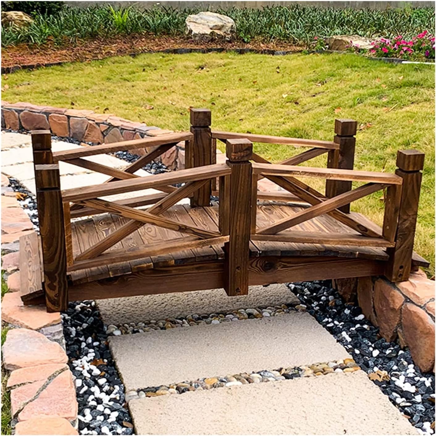 Outdoor Yard Wooden Bridge Wooden Garden Bridge Arch, Large Footbridge Decorative Backyard Bridge w/Safety Rails, for Pond Lawn Walkway, Easy Install