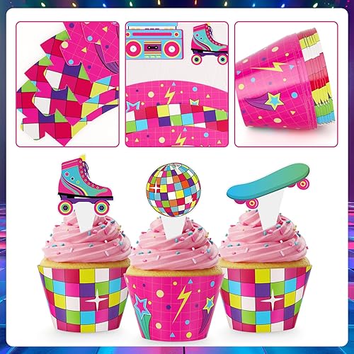 Miniatura 6 de Paquete de 48 adornos y envoltorios retro para cupcakes, decoración retro de neón para tartas de fiesta temática de los años 80 y 90, suministros de