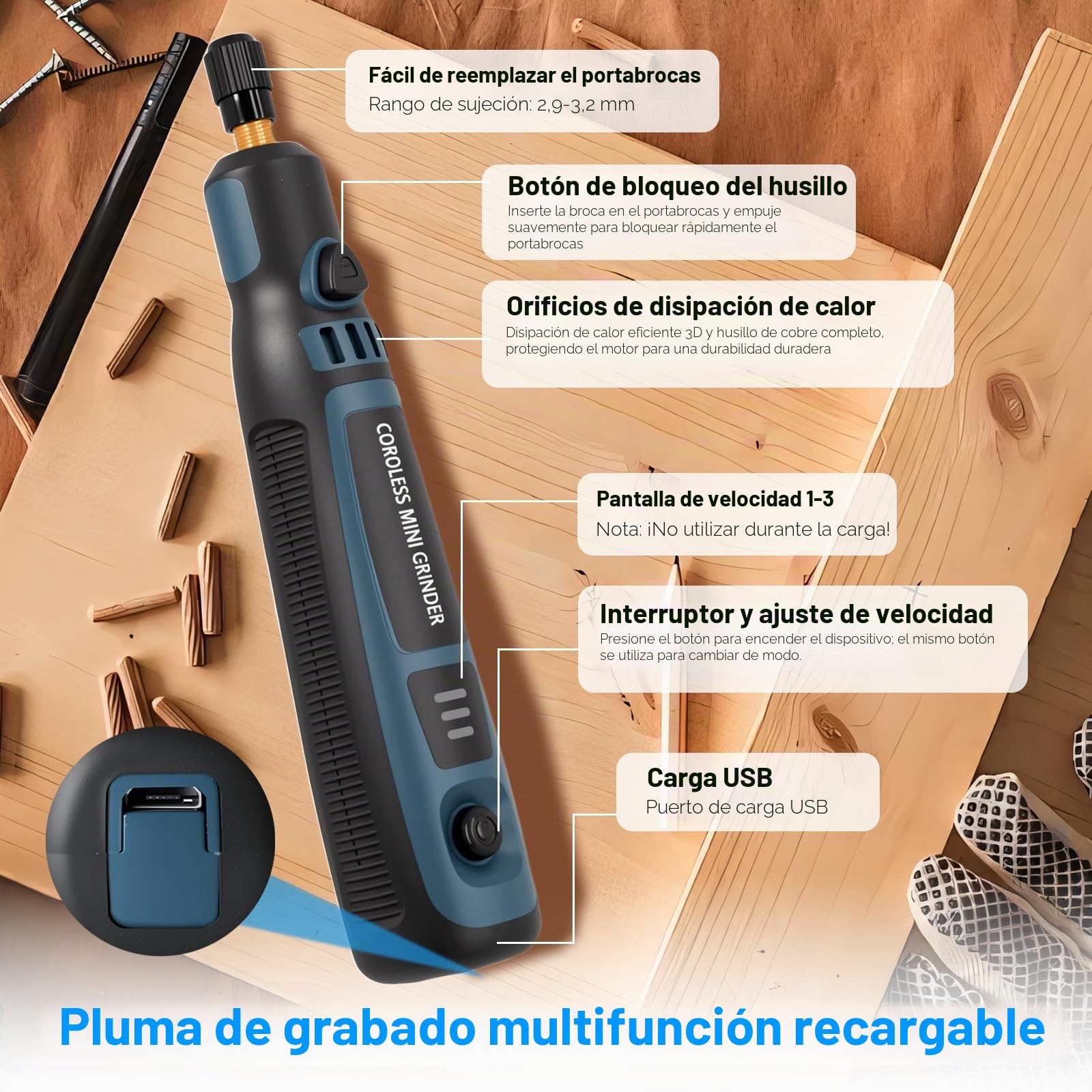 Mini Amoladora Eléctrica, 3.7V Herramienta Rotatoria sin Cable Con 96 Accesorios Lápiz de Grabado Eléctrico para Cortar/Esmerilar/Grabar/Perforar, de Manualidades y Creación de Bricolaje