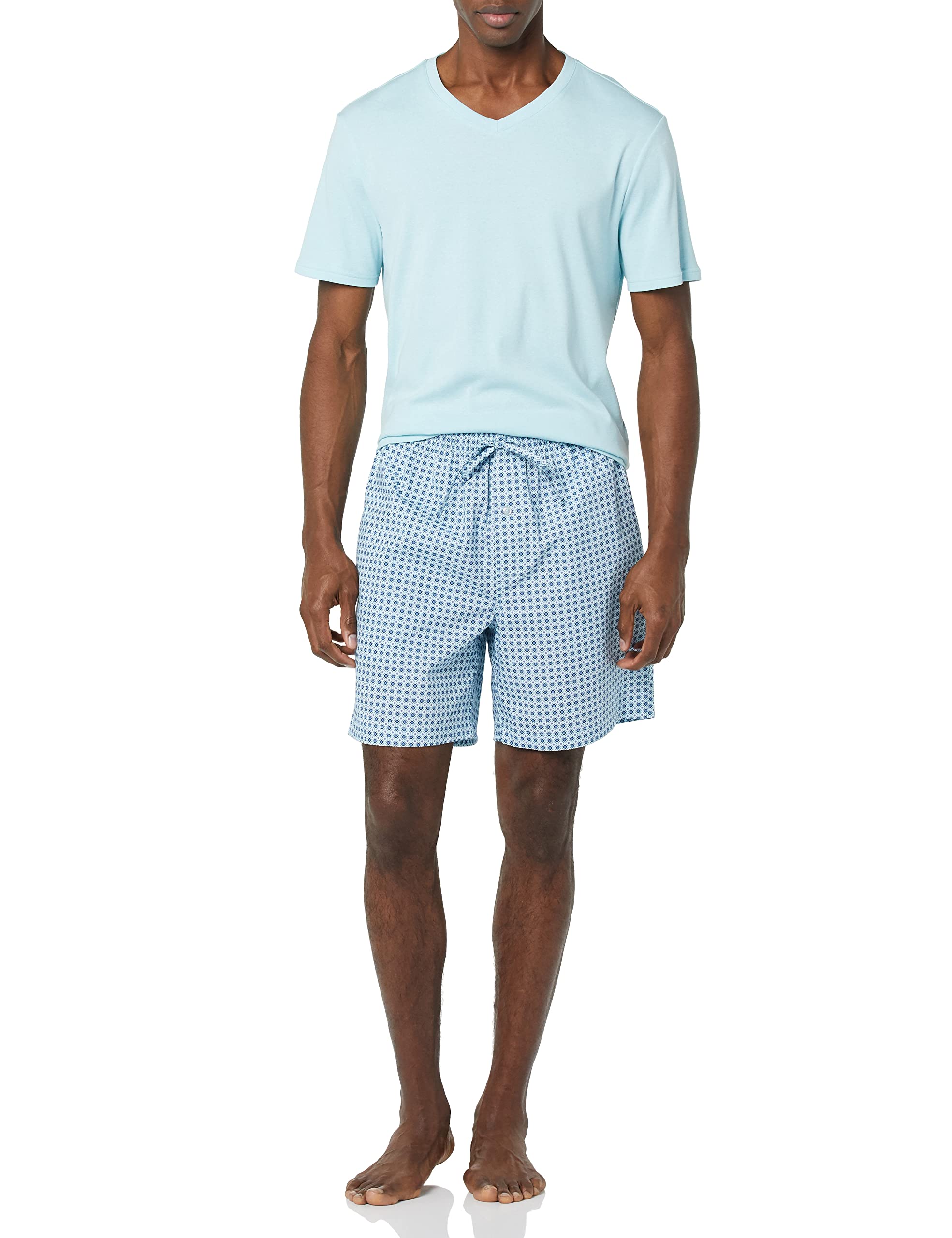 Amazon Essentials Men's Cotton Poplin Pyjama Shorts with Cotton T-Shirt Set, Light Blue/Blue, Geo Print, XXS