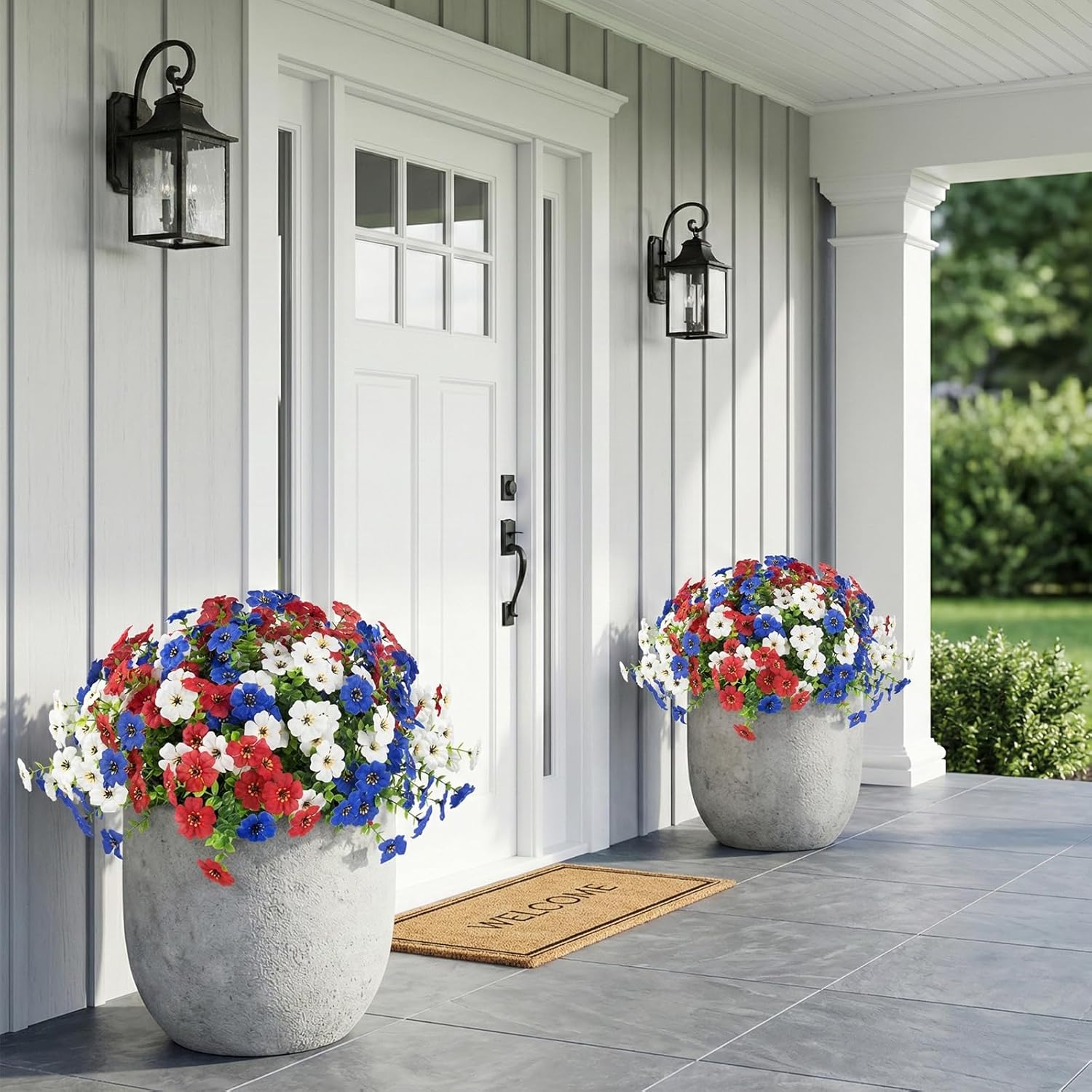 Hananona 2 Set Artificial Outdoor Flowers with Hanging Basket, 2 Hanging Planters with 24 Pcs Patriotic Flowers for Summer Front Porch Patio 4th of July Decor (Red, White, Blue)
