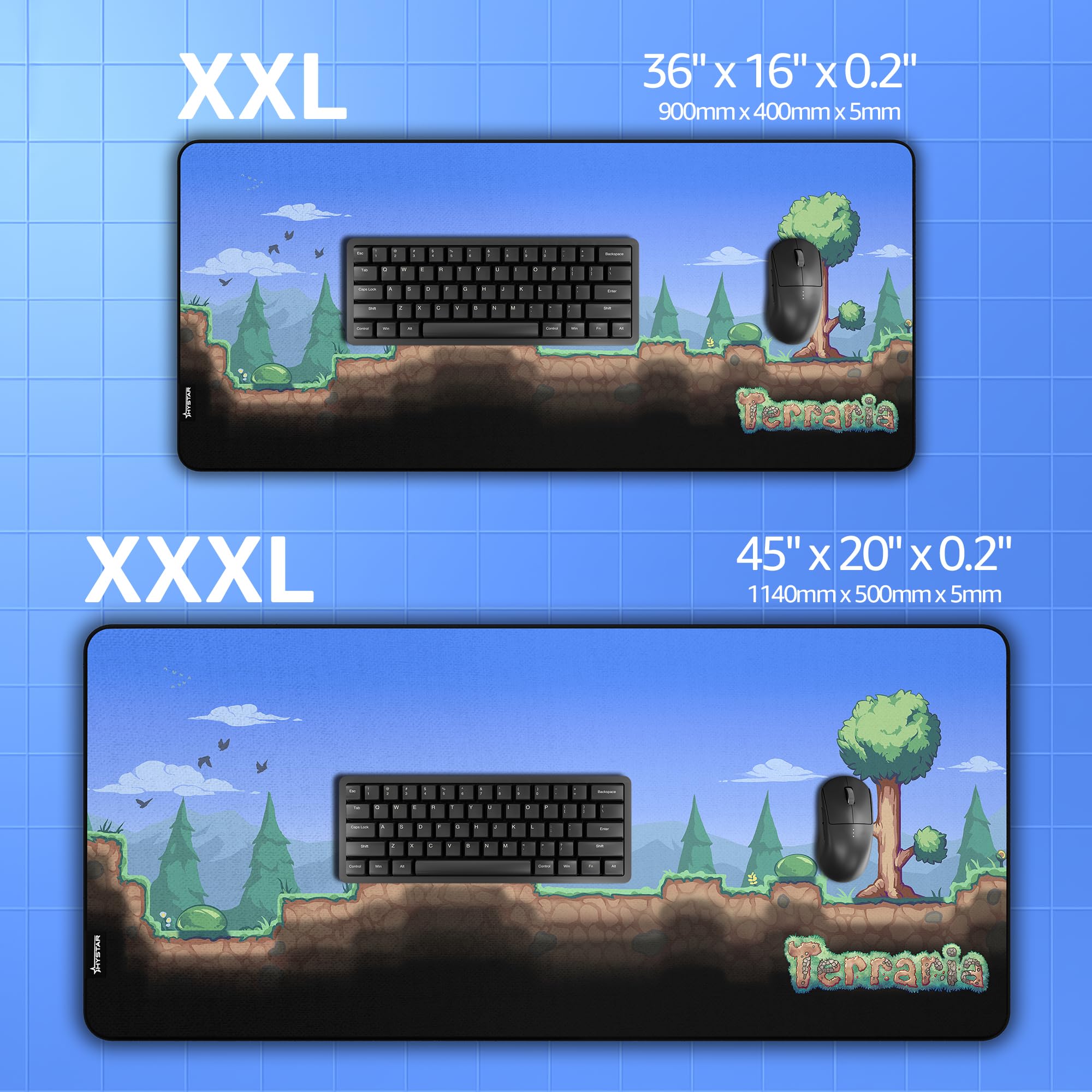 Hystar x Terraria Erweitertes Gaming-Mauspad, XXL, 91,4 x 40,6 cm, 5 mm dick, wasserdichte Oberfläche, glattes Polyestergewebe und Unterseite aus Naturkautschuk (Overworld)