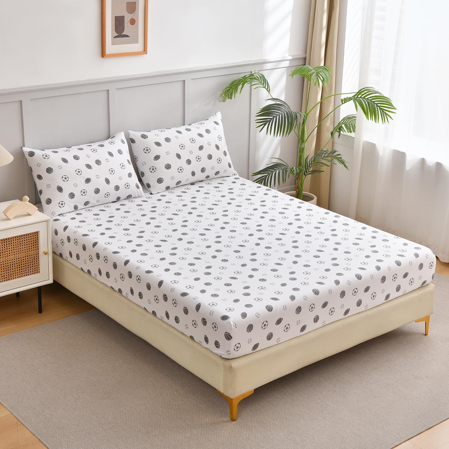 Chezmoi Collection Kids/Teens Sports Fitted Sheet, Queen 2-Pack – 2 Fitted Sheets + 4 Pillowcases (No Flat Sheet) - Soft Microfiber Fitted Sheet Set - White Gray Baseball Basketball Football Print