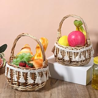 2 Pack Small Wicker Picnic Wicker Rattan Flower Girl Basket Small Baskets with Handles Willow Flower Baskets White Ribbon Plastic Liner for Wedding, Gifts, Camping and Home Decor
