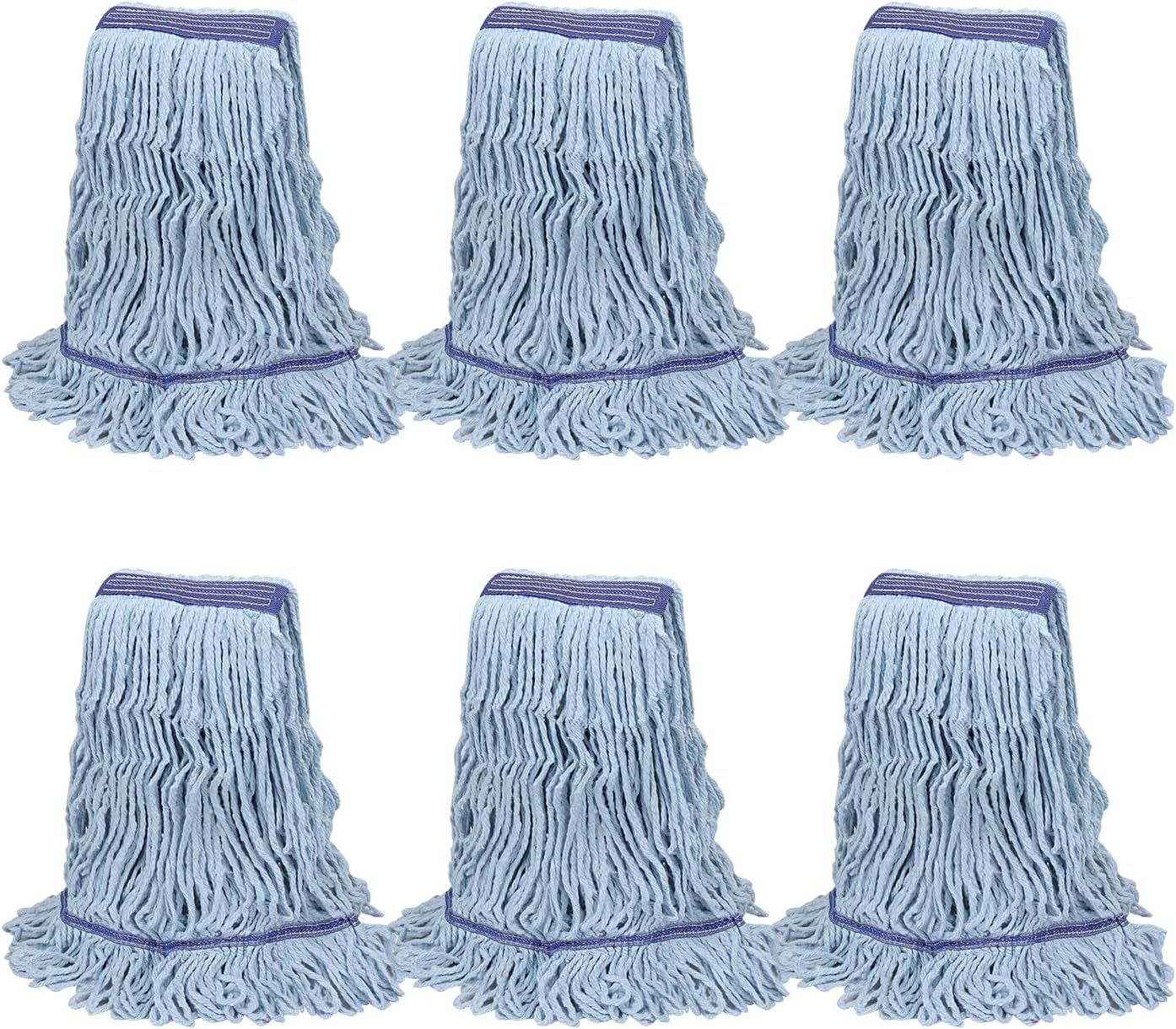 Commercial Heavy Duty Mop Heads Replacement: 6 Pack Industrial Wet Reusable Mop Head for Floor Cleaning, Washable Refills Blue Cotton Looped End String Mopheads for General Maintenance